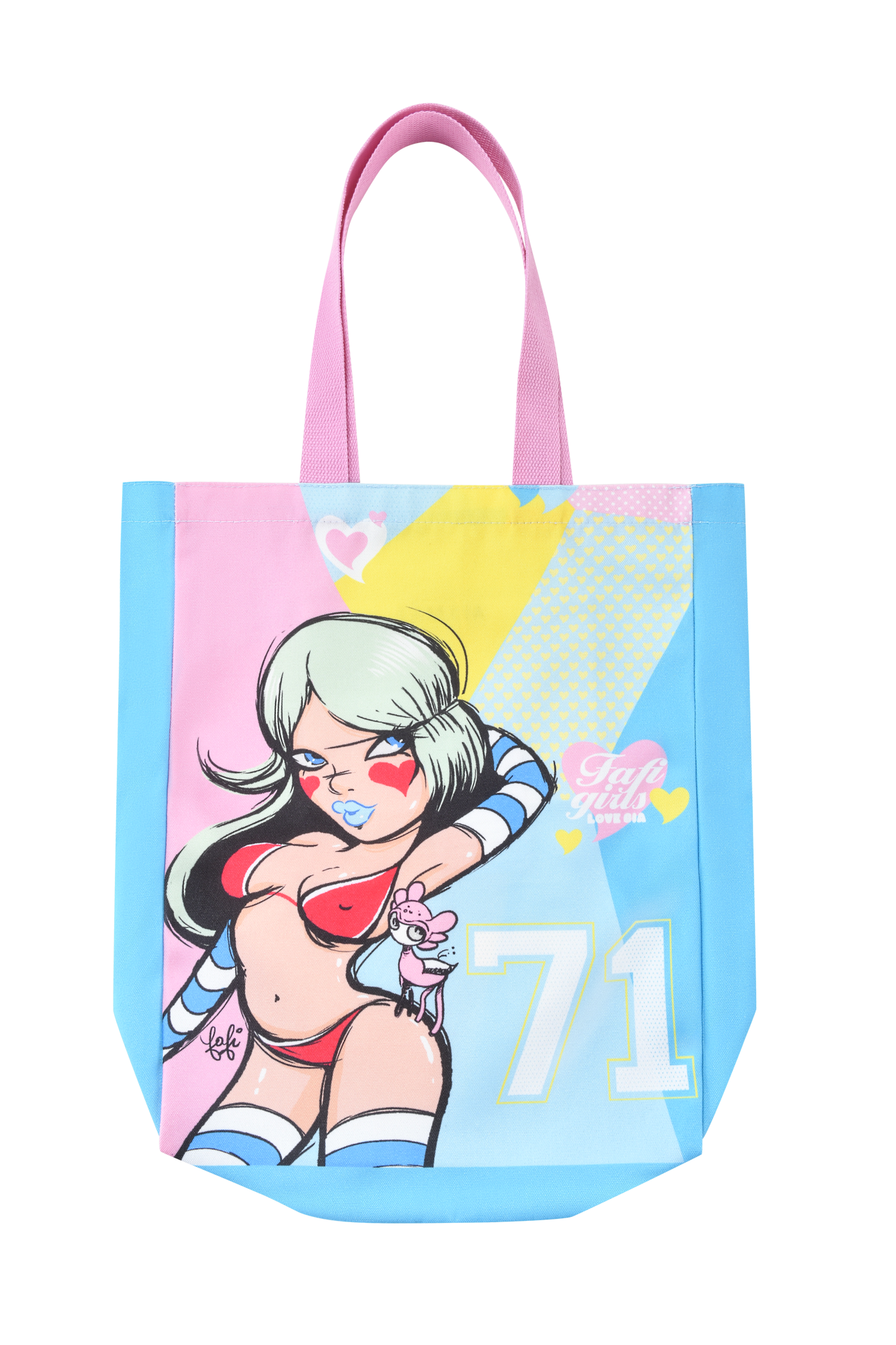 The I.AM.GIA FAFI TOTE BAG - MULTI features custom collaboration art of a cartoon woman in a red bikini with striped gloves, face paint, and pastel hues, set against a backdrop with "71" and "Girl Attack" text.