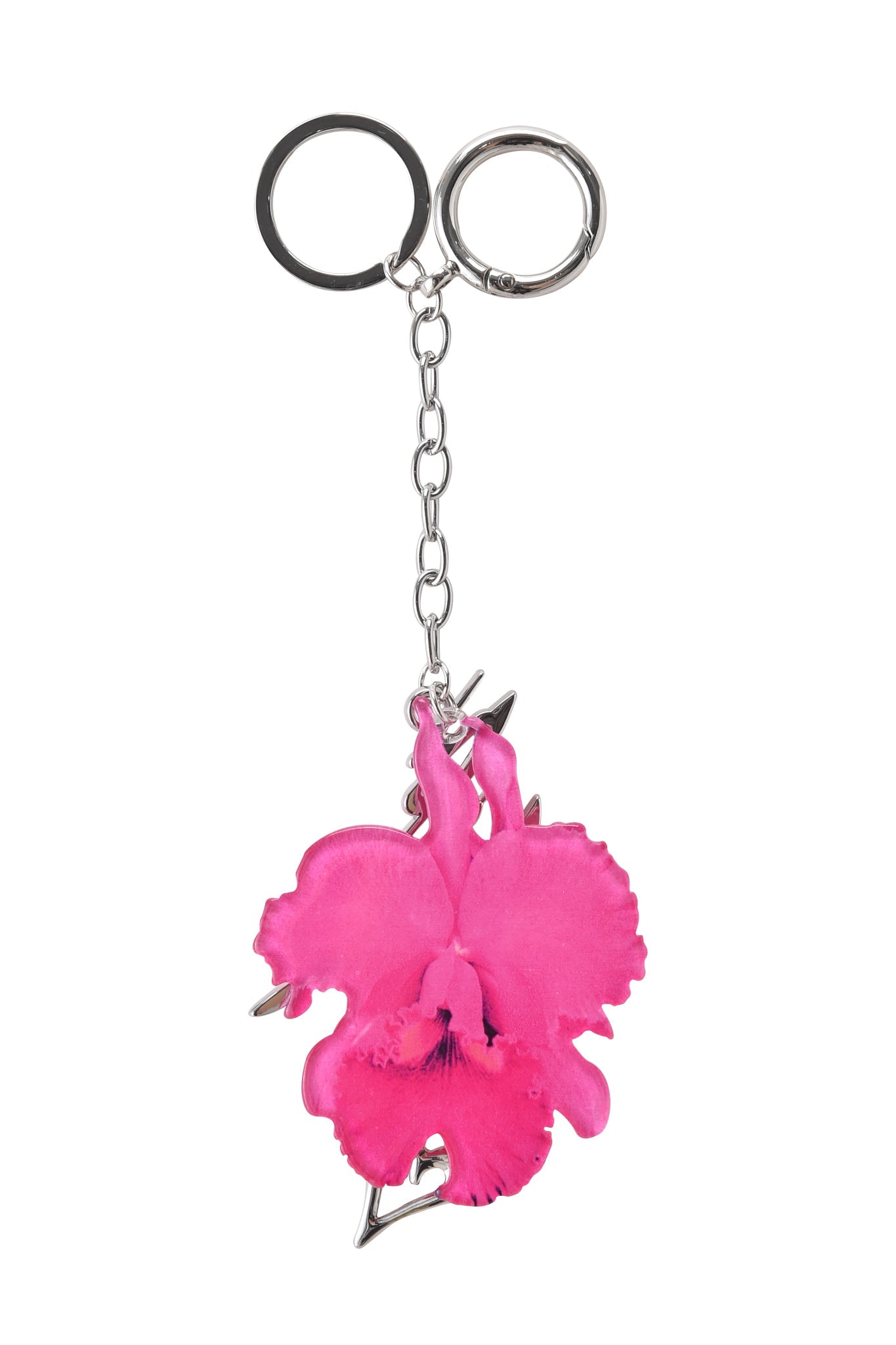 The ORCHID KEYCHAIN - NEON PINK by I.AM.GIA features a neon pink orchid flower charm and GIA metal logo on a short chain, displayed against a white background.