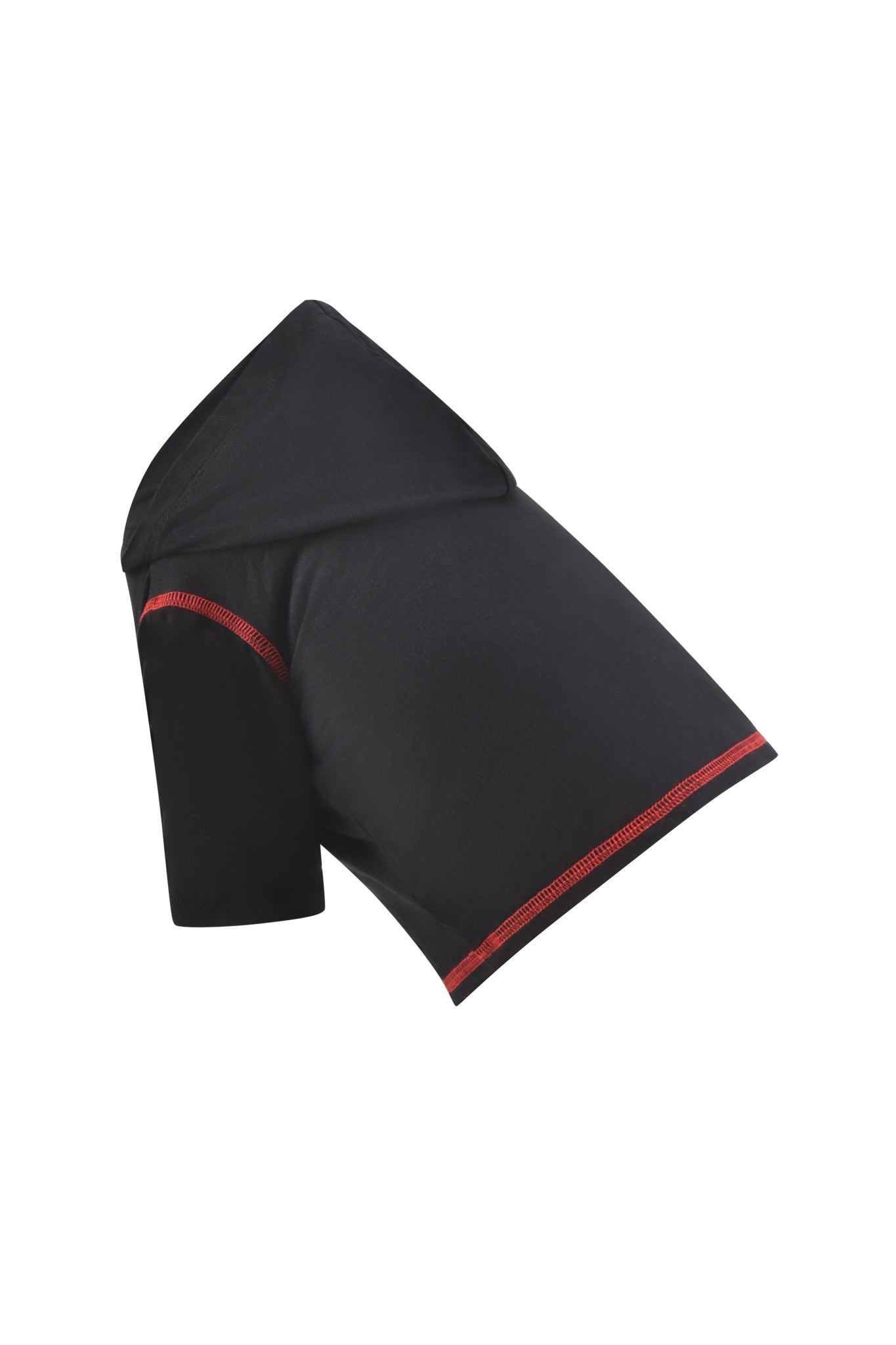 A black short-sleeve shirt with red stitching is shown from the side. Pair it with the I.AM.GIA BLARE BEST FRIEND DOG HOODIE – BLACK PSYCHO for a matching, coordinated look for you and your pet.