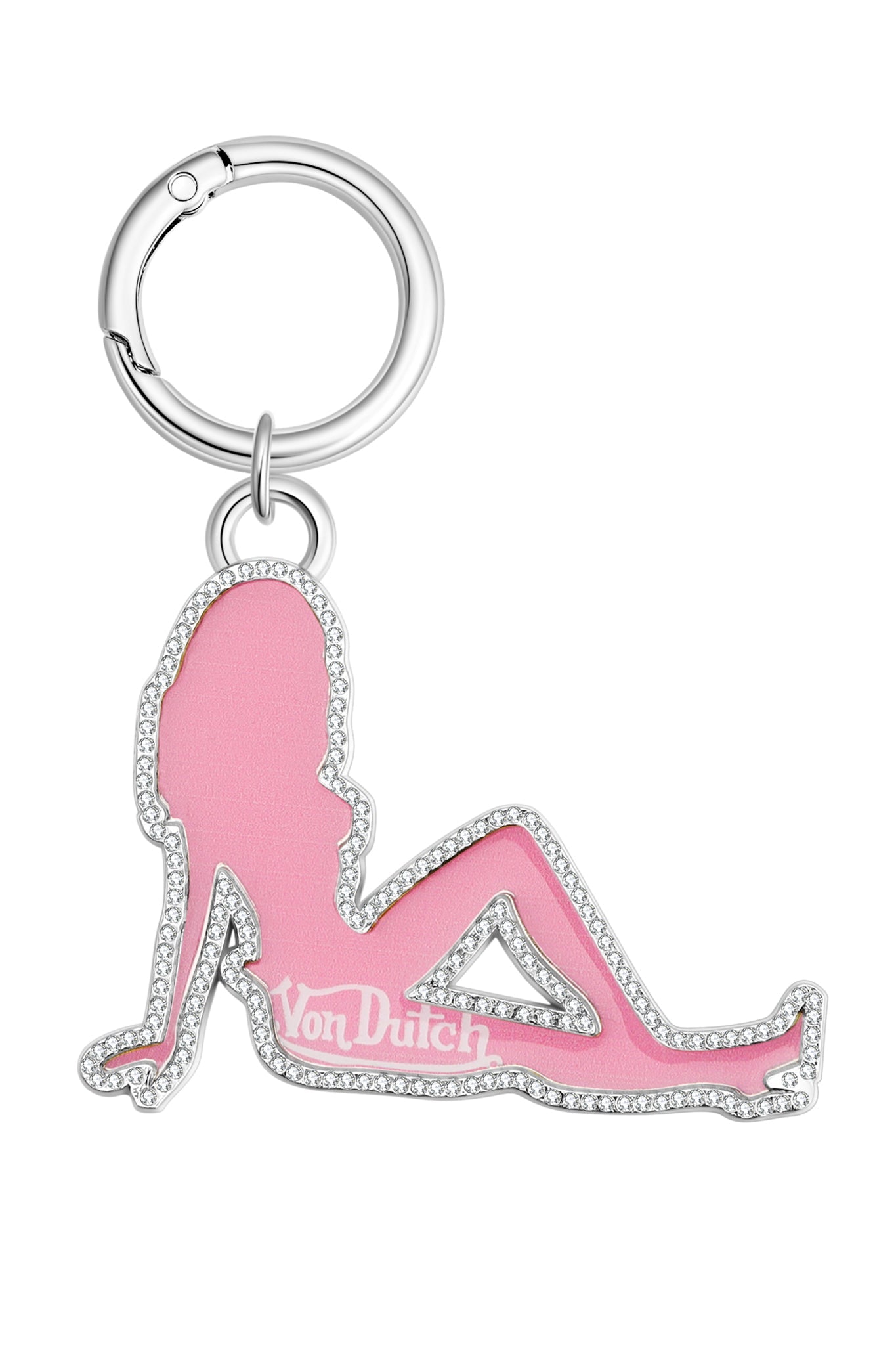 The I.AM.GIA X Von Dutch Girl Keychain - Leopard Pink Girl features a silver Y2K design with a pink reclining woman silhouette, "Von Dutch" text, rhinestone outline, and is part of the exclusive I.AM.GIA collection.