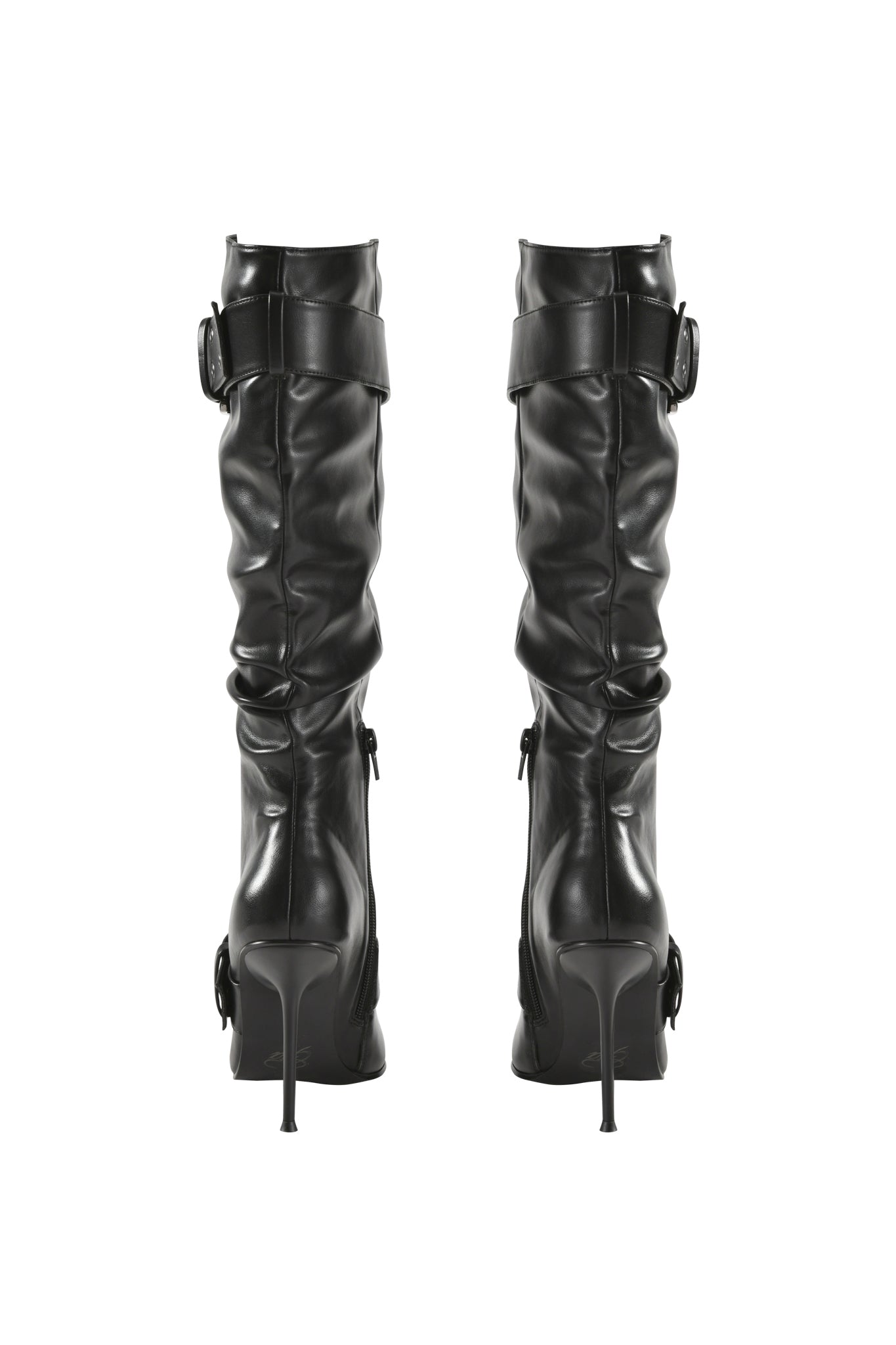 A pair of KINTH BOOT 2.0 - BLACK stiletto heel boots by I.AM.GIA, featuring harness buckle straps, shown from the back against a white background.