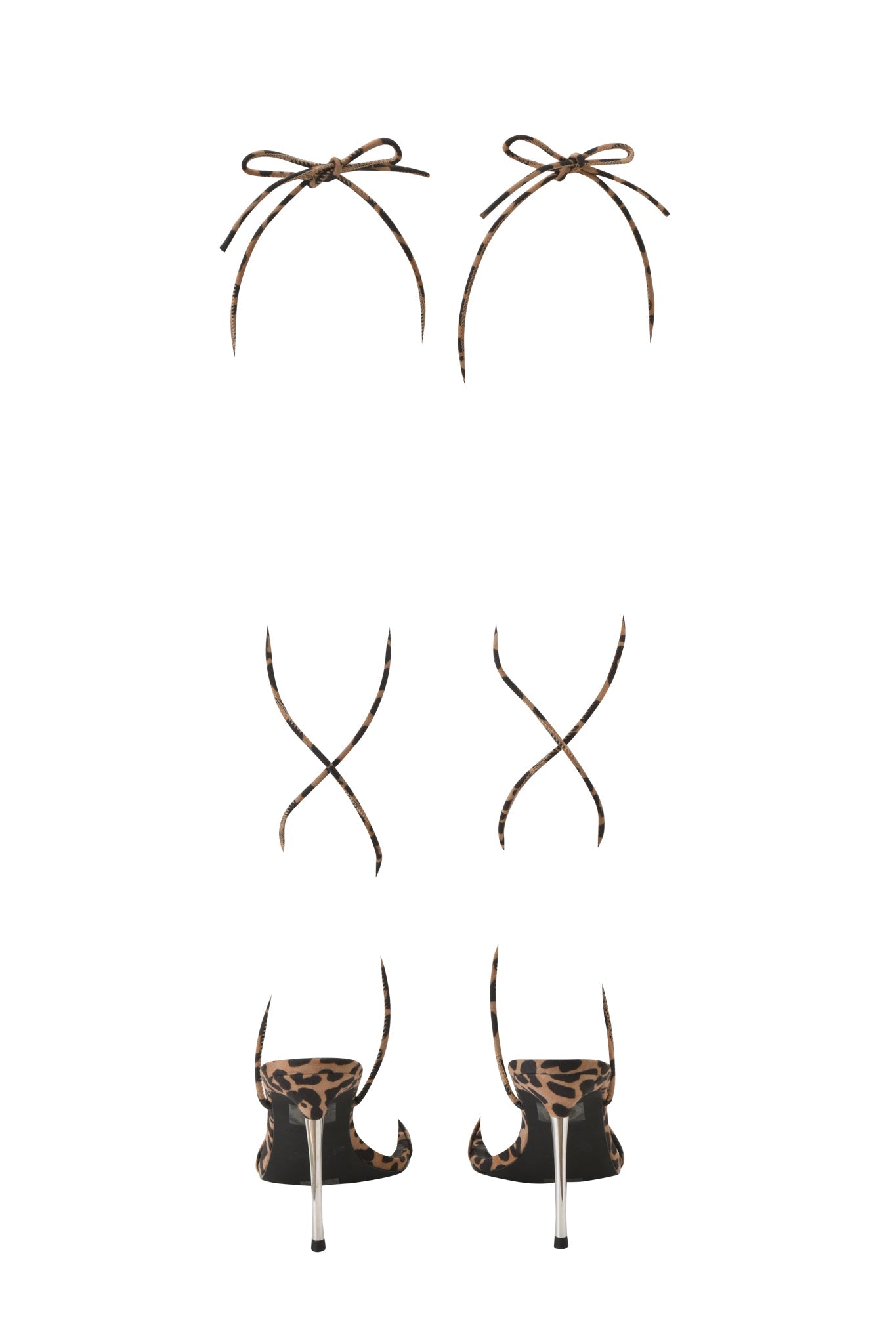 The SCARLETTE HEEL - LEOPARD by I.AM.GIA features leopard print strappy heels, thin ankle tie straps, an open-toe stiletto design, and clear heels, shown from the back on a white background.