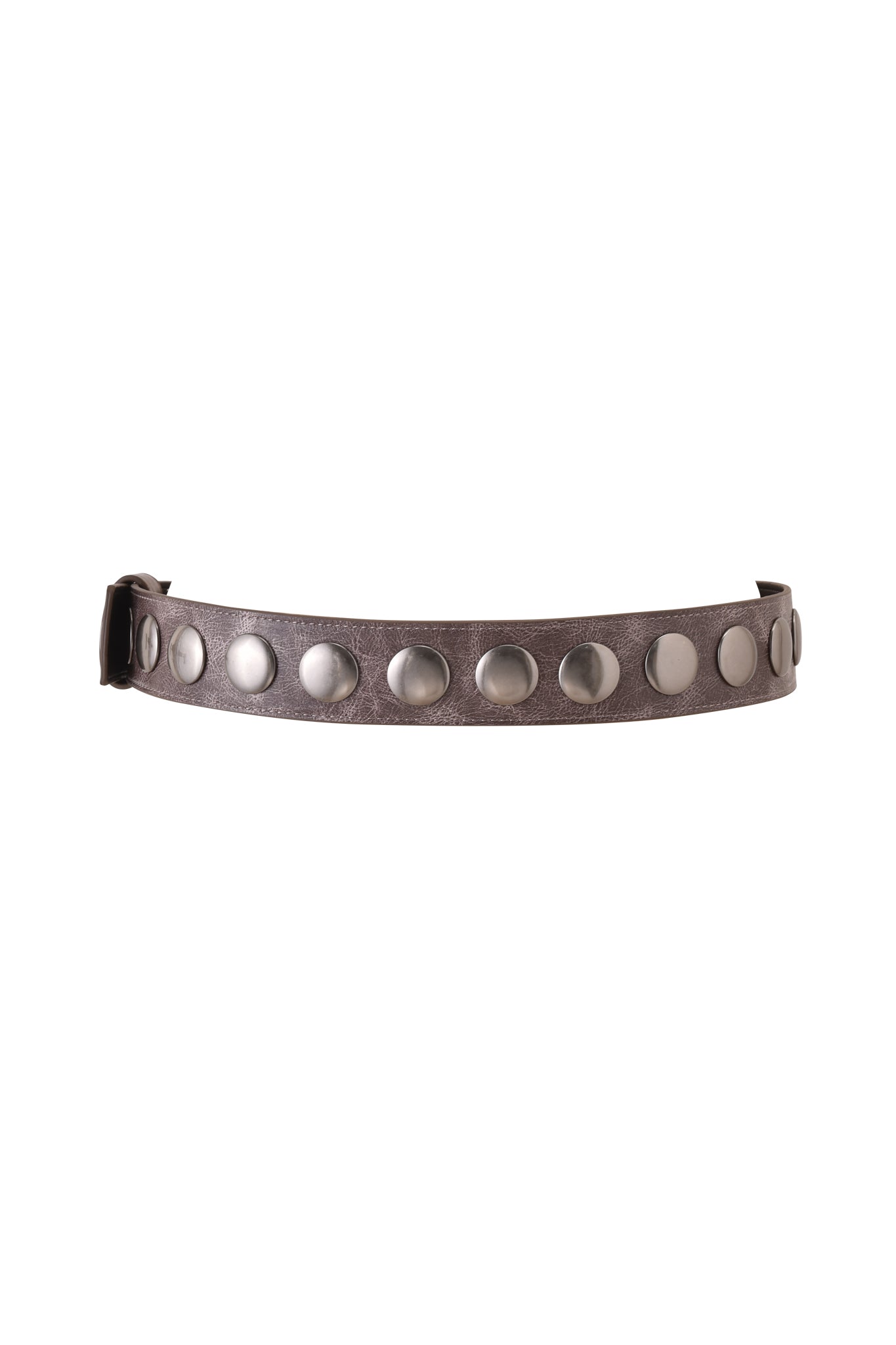 The IRINIE STUDDED BELT - MUSHROOM by I.AM.GIA is a dark brown belt with large, round silver studs evenly spaced along its length, displayed against a white background.