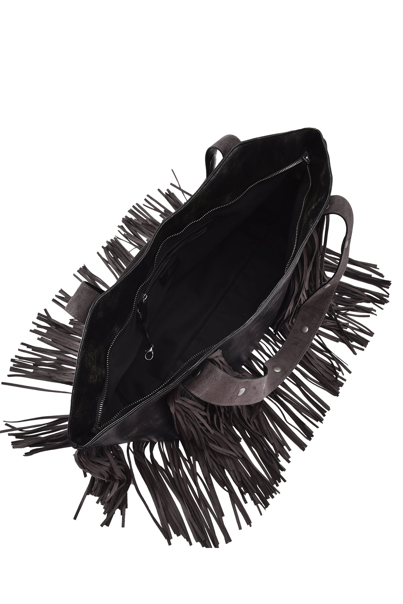 The I.AM.GIA CHROMA FRINGE BAG - BLACK is an oversized tote in distressed black PU leather, featuring two handles, a zippered interior pocket, a spacious main compartment, and visible interior details.