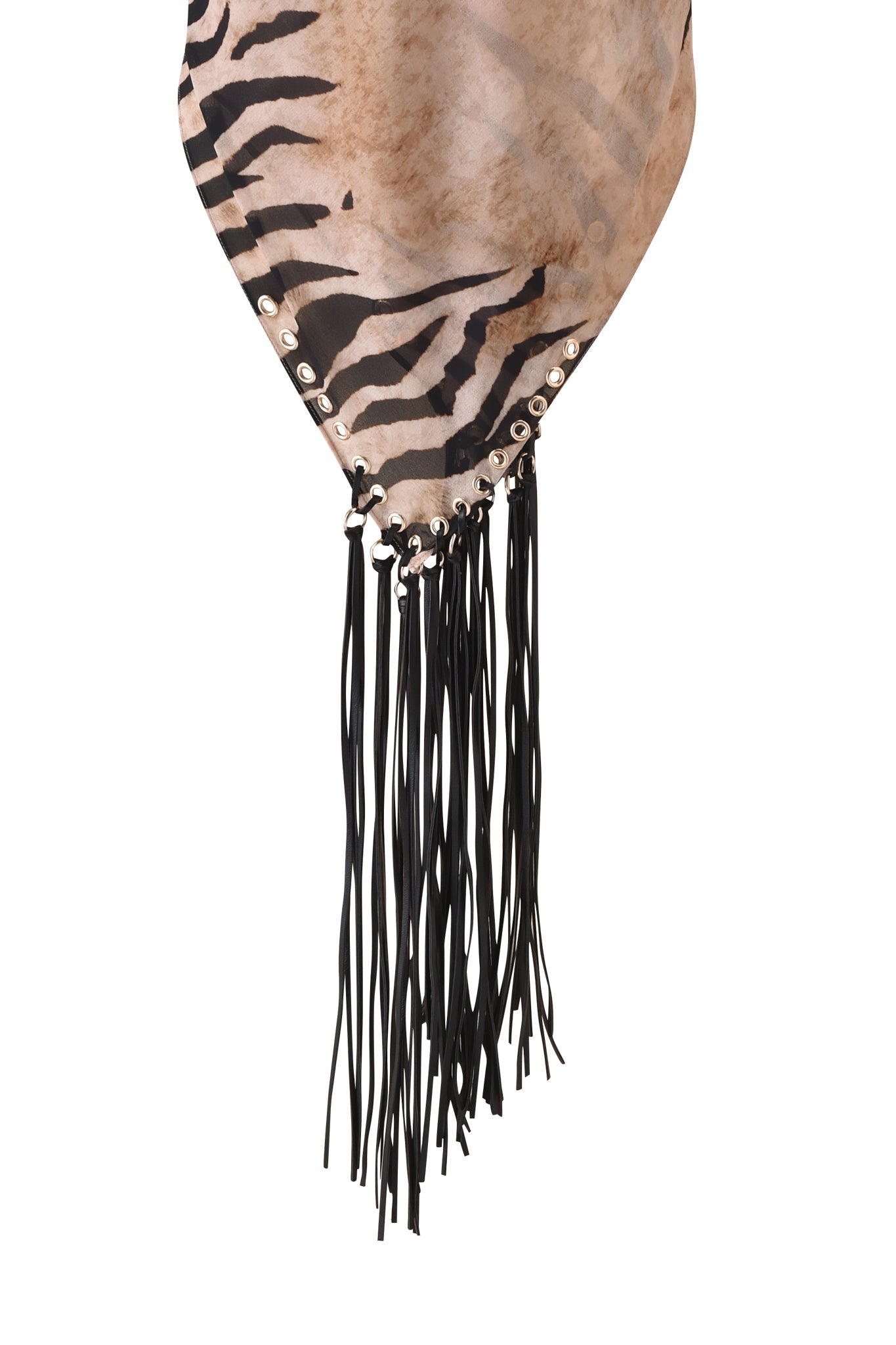 The I.AM.GIA ALLUNA MULTI-WEAR TASSEL SCARF - WILD SIDE features vegan suede with a brown and black animal print, metal eyelets along the edge, and long black fringe hanging from the bottom.