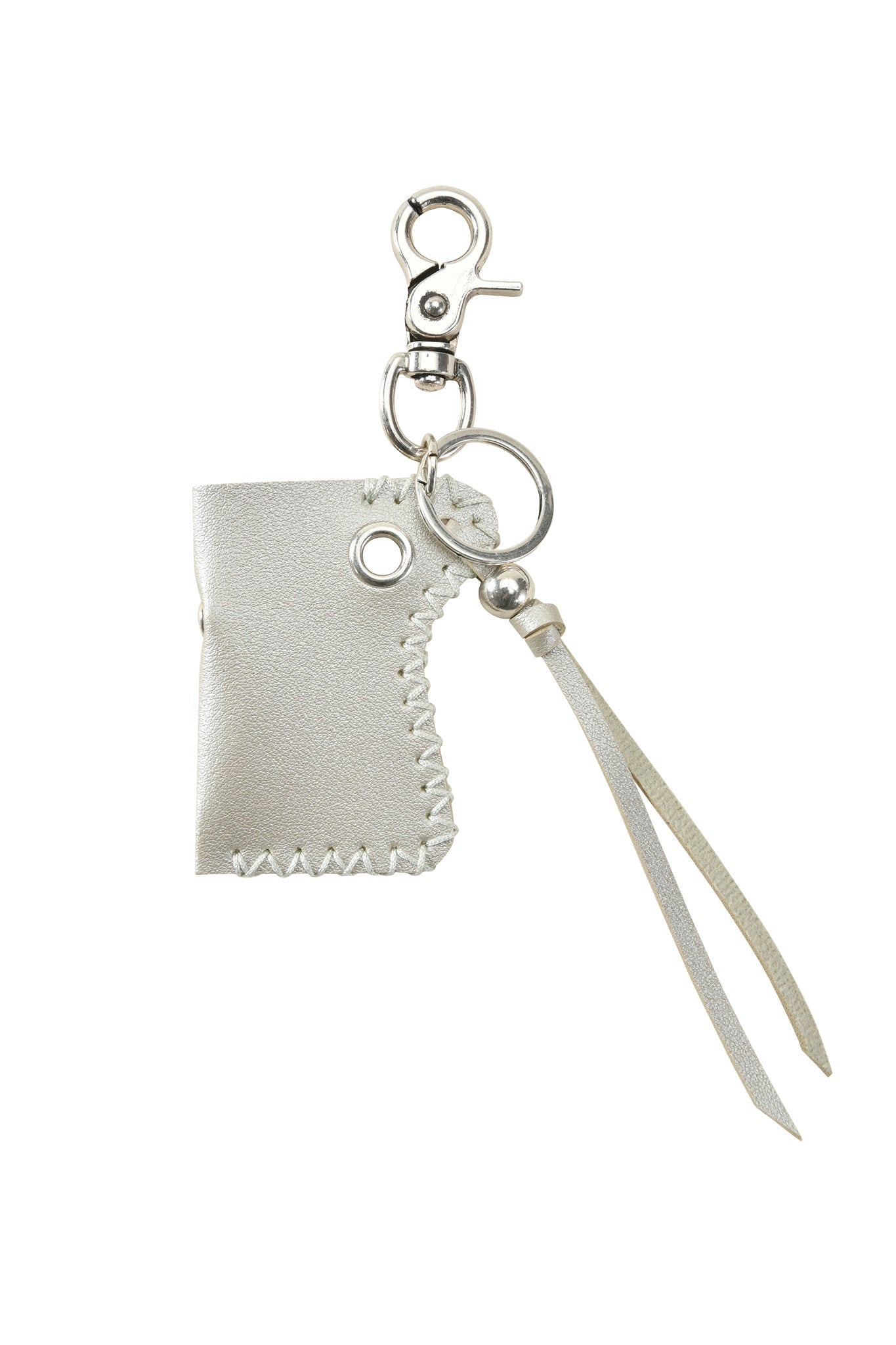 The VENUS LIGHTER KEYCHAIN - SILVER by I.AM.GIA is a light gray faux leather keychain with a stitched pouch for a silver lighter, featuring a metal key ring, clasp, and two slim leather straps against a white background.