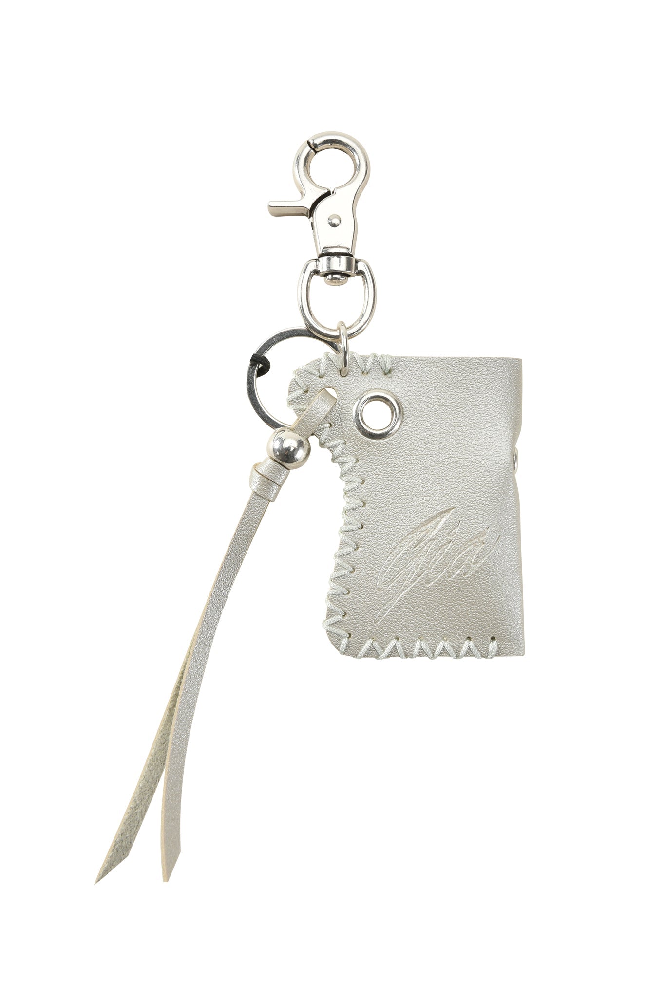 The VENUS LIGHTER KEYCHAIN - SILVER by I.AM.GIA is a silver faux leather keychain with stitched edges, metal clasp, ring, tassel, and subtle cursive detail—ideal as a stylish lighter holder.
