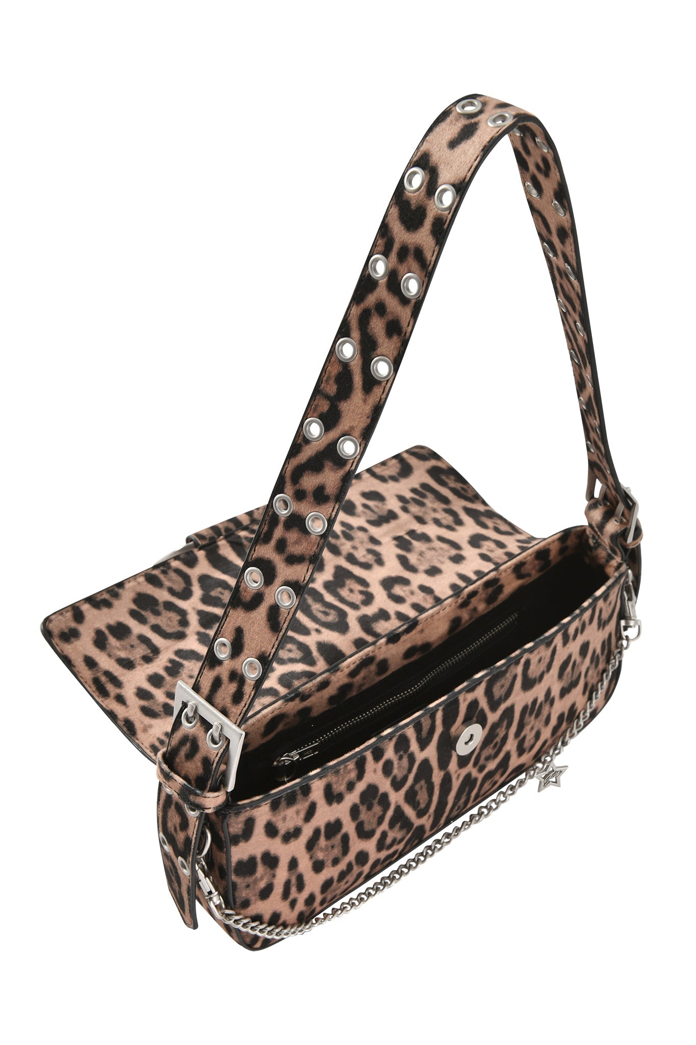 The I.AM.GIA MILA BAG - PANTHERA is a faux leather shoulder bag with bold leopard print, silver studded strap, open flap, zippered inner pocket, and elegant silver chain detail.