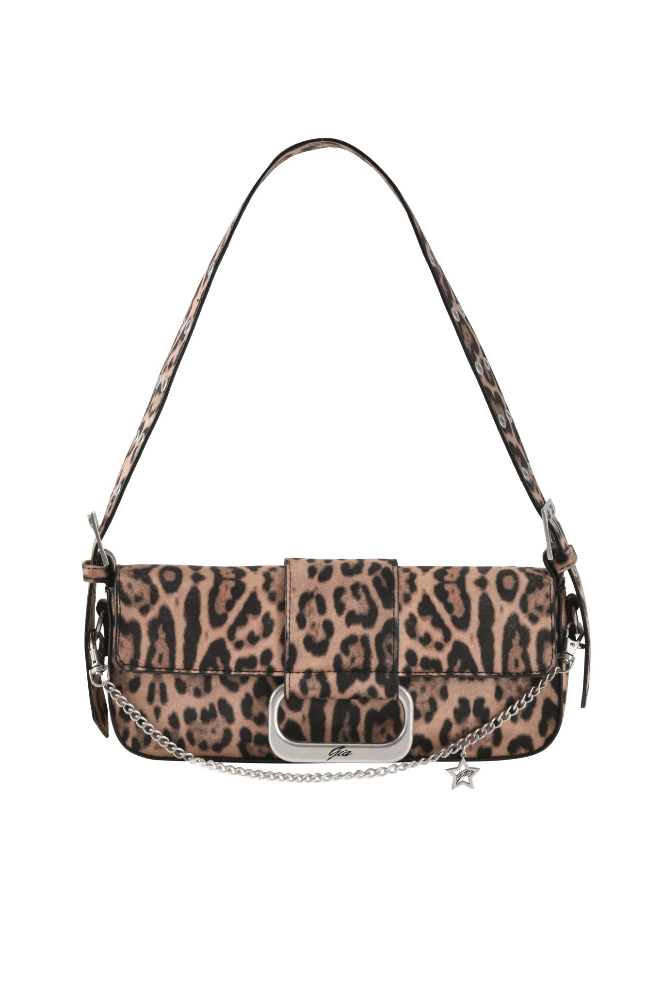 The MILA BAG - PANTHERA by I.AM.GIA is a faux leather shoulder bag with a striking cheetah print, short strap, front flap with metal buckle, and a silver chain accented with a star charm.