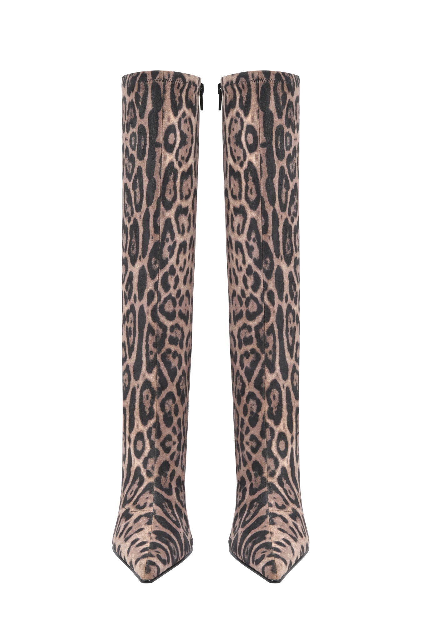 The I.AM.GIA YANA KNEE HIGH BOOTS - PANTHERA feature a bold brown and black leopard print, pointed toe, and stiletto heel—striking boots that make a fierce statement when viewed from the front.