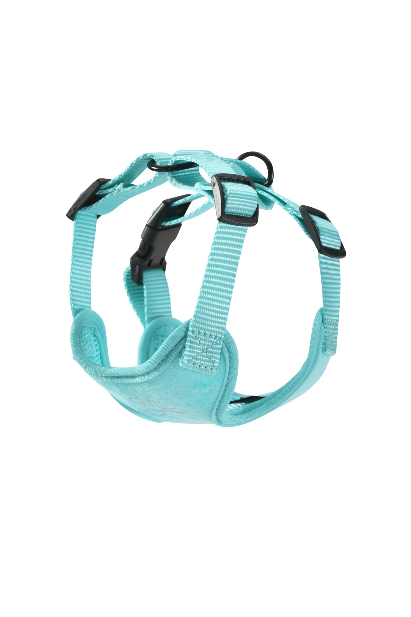 The I.AM.GIA STAR PAWFECT 3-PIECE SET in Baby Blue features an adjustable turquoise pet harness with black buckles and metal rings, a matching velour harness, and a rhinestone dog bag dispenser, all displayed on a white background.