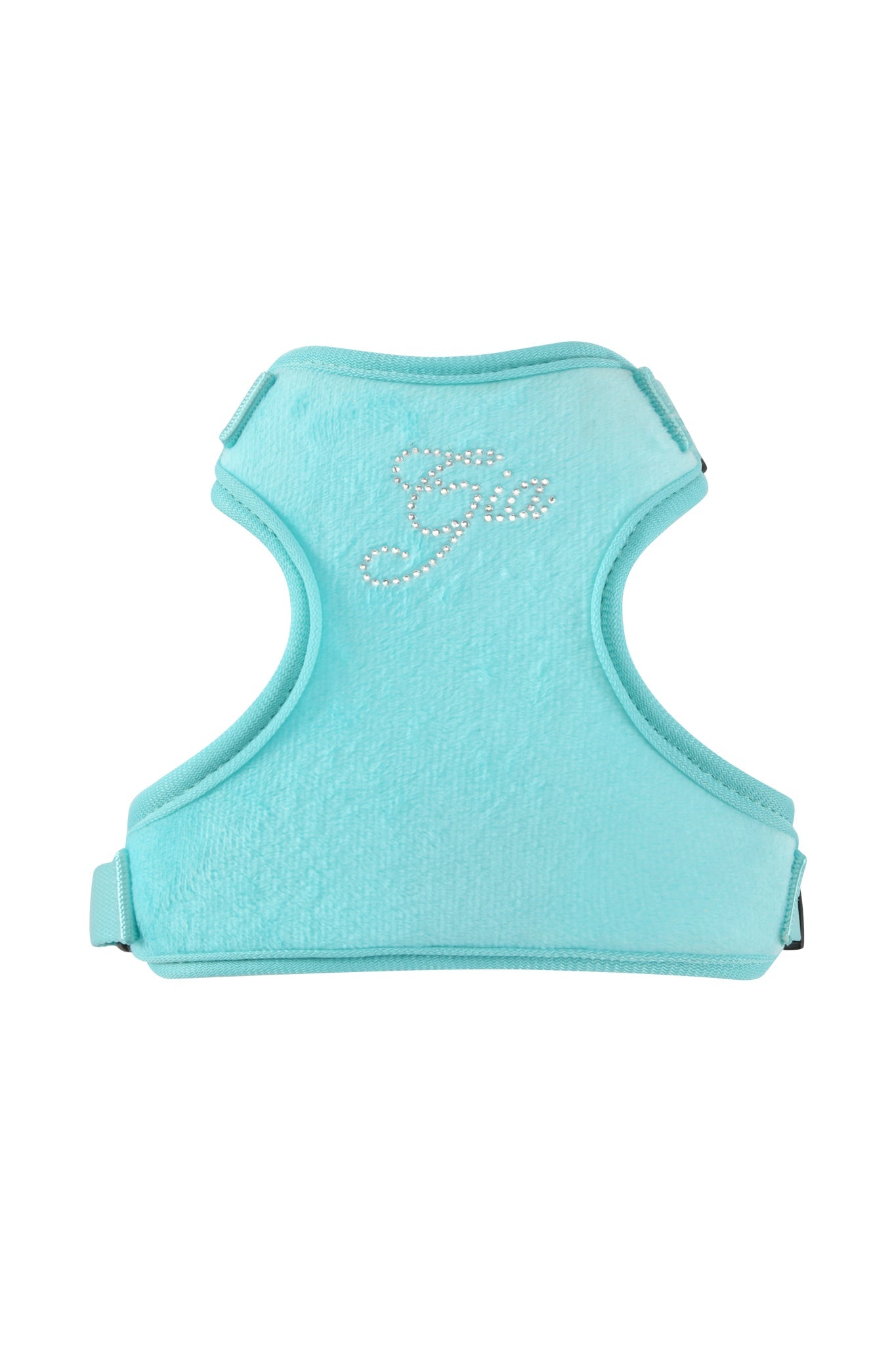 The STAR PAWFECT 3-PIECE SET - BABY BLUE by I.AM.GIA is a baby blue velour harness featuring "Gia" in rhinestones, soft fabric, wide arm openings, and adjustable straps for comfort and style.