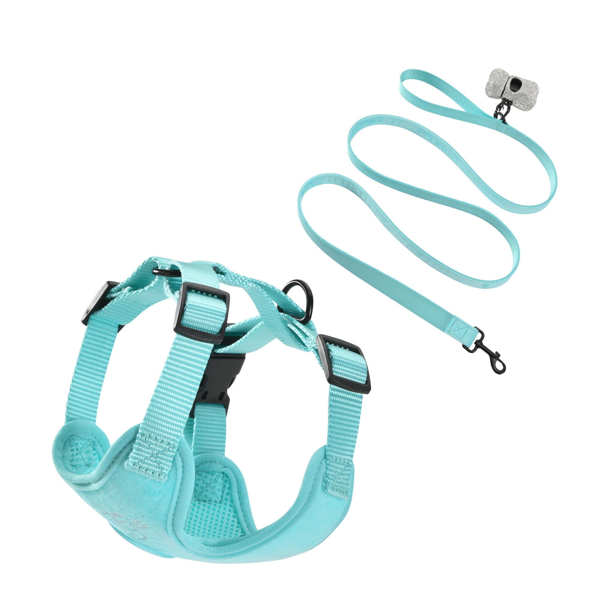 The STAR PAWFECT 3-PIECE SET - BABY BLUE by I.AM.GIA features a light blue adjustable harness with black buckles, matching nylon leash, and a rhinestone dog bag dispenser—ideal for stylish walks. Displayed on a white background.