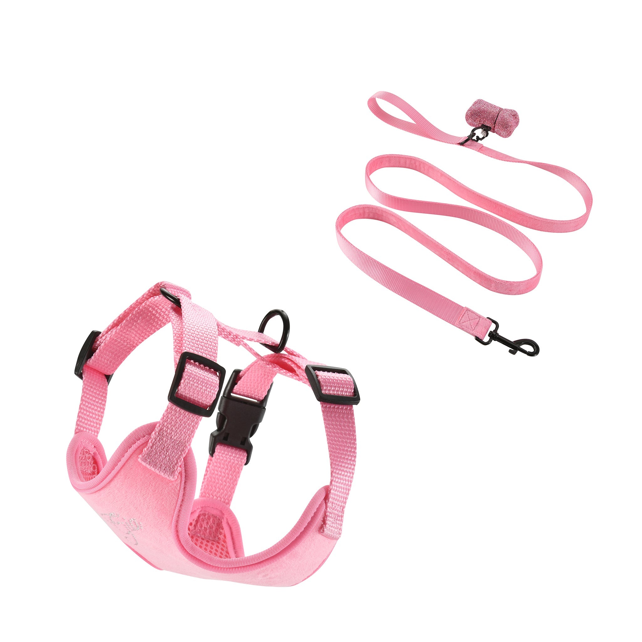 The I.AM.GIA STAR PAWFECT 3-PIECE SET in Baby Pink includes an adjustable pet harness, matching leash with metal clip, and a rhinestone dog bag dispenser—stylish essentials for every walk.