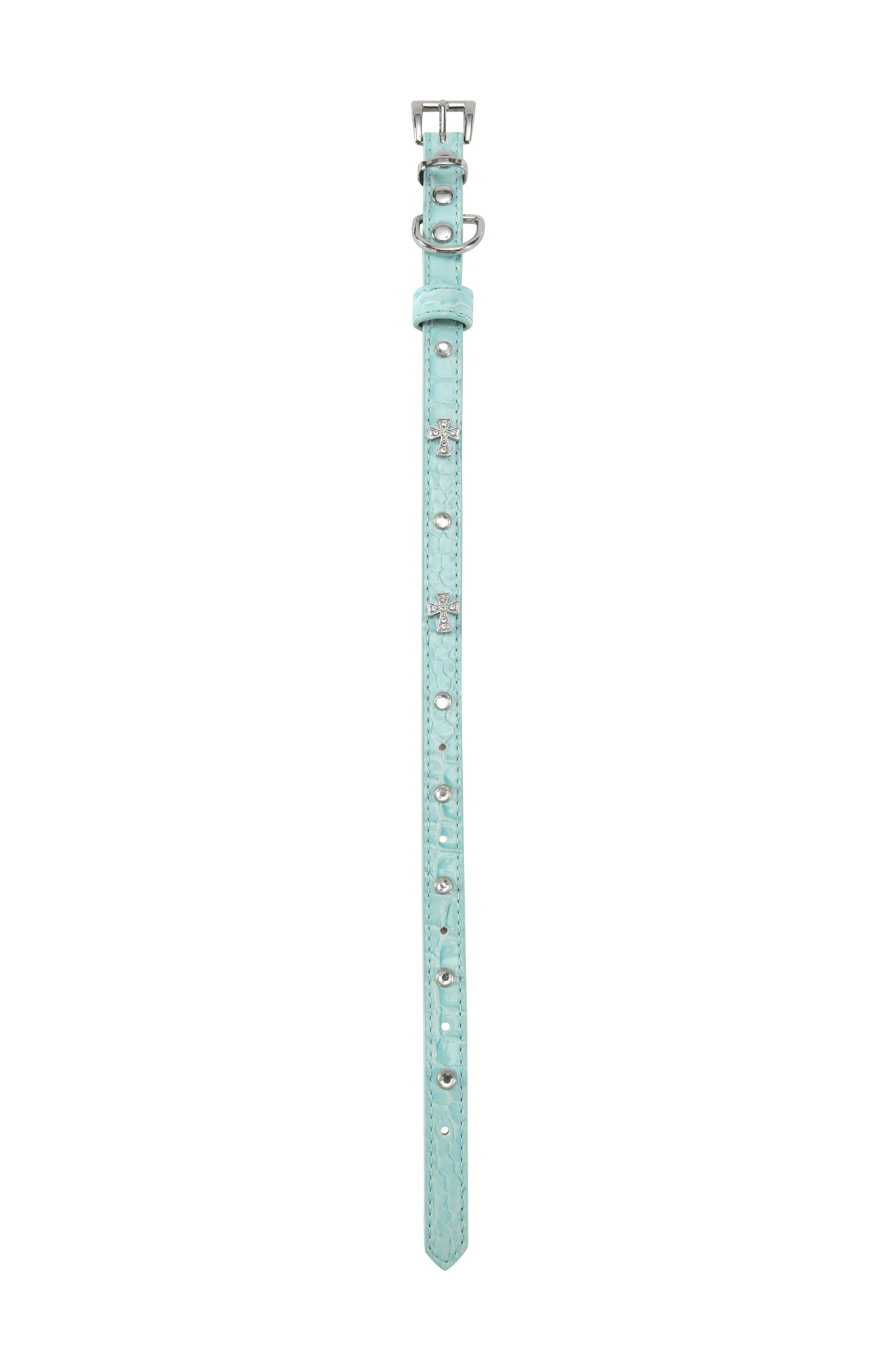 The I.AM.GIA STAR PET COLLAR - BABY BLUE features baby blue faux leather, a silver buckle, metal studs, and rhinestone-studded bone and cross charms, shown laid flat on a white background.