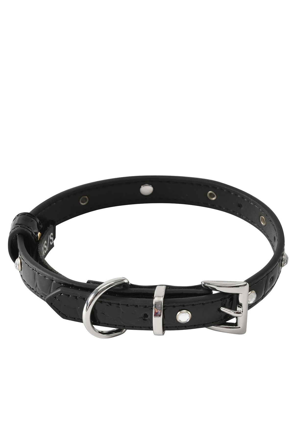 The STAR PET COLLAR - BLACK by I.AM.GIA is displayed against a white background. This adjustable faux leather collar features a silver metal buckle, adjustment holes, a D-ring, and chic rhinestone cross charms for added flair.