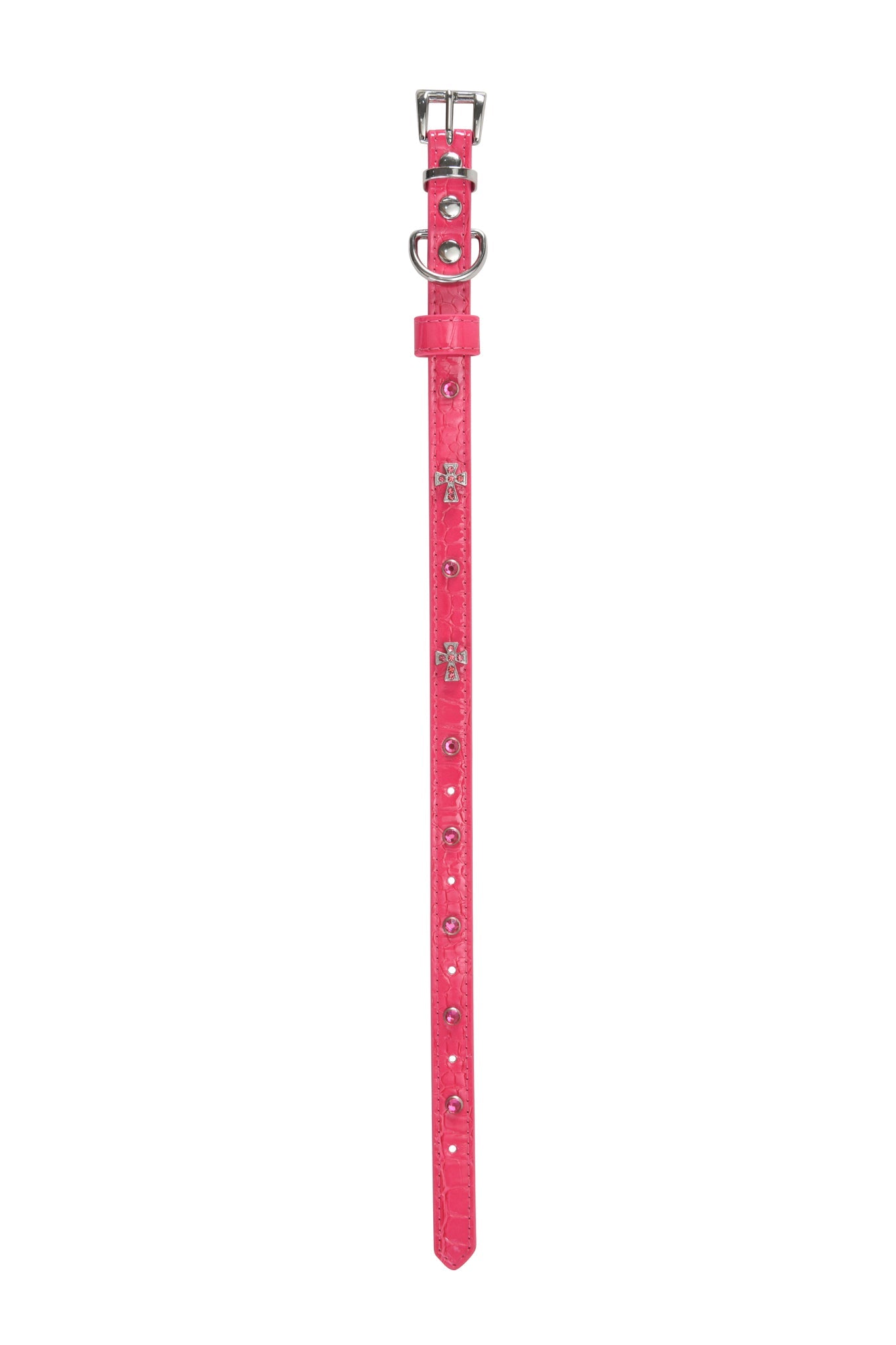The I.AM.GIA STAR PET COLLAR - HOT PINK is a vibrant faux leather collar with crocodile texture, silver studs, dog bone charms, a silver buckle, and metal ring for leash attachment.