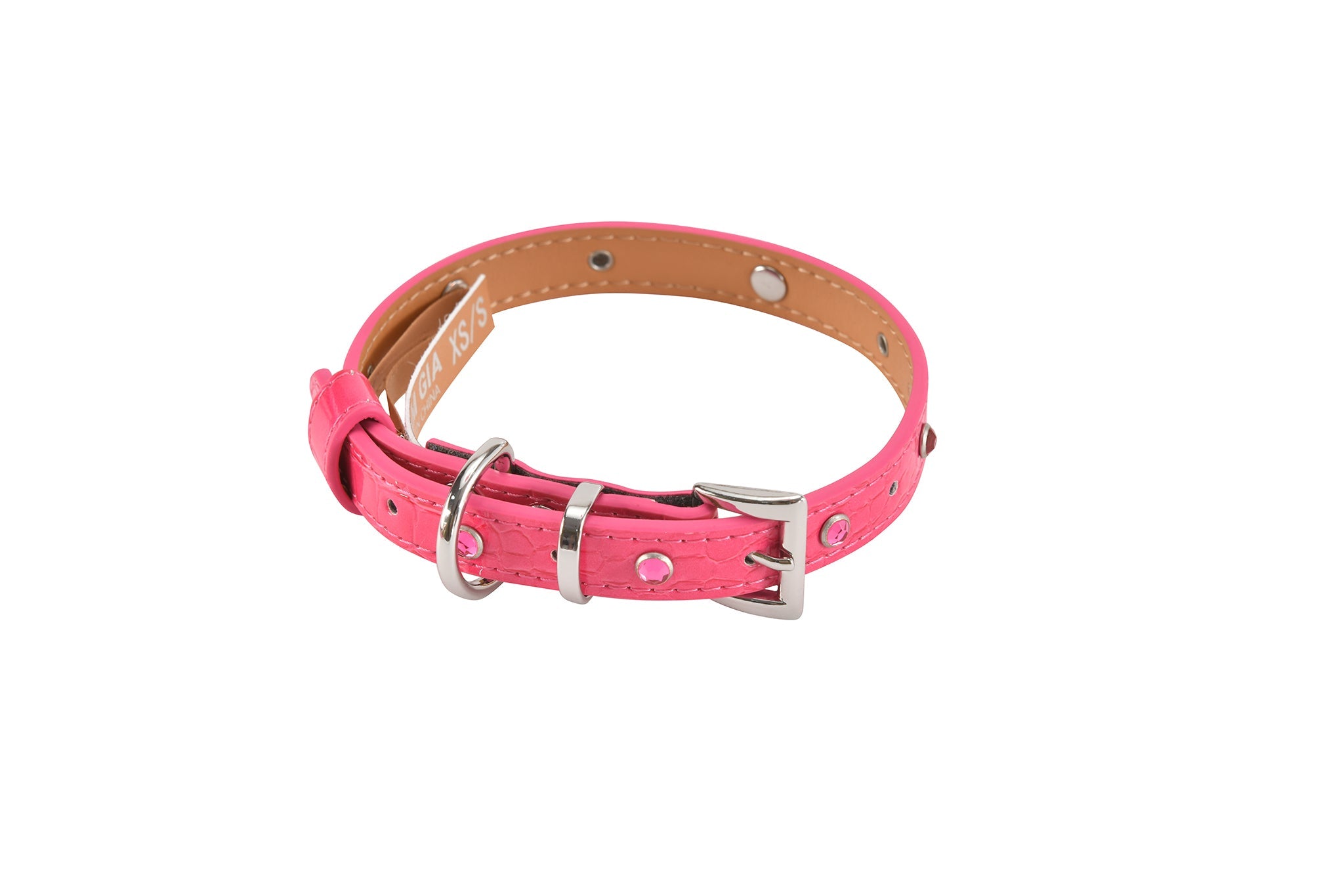 The STAR PET COLLAR - HOT PINK by I.AM.GIA is a pink faux leather collar with a crocodile texture, silver buckle and hardware, and small round studs, shown on a white background.