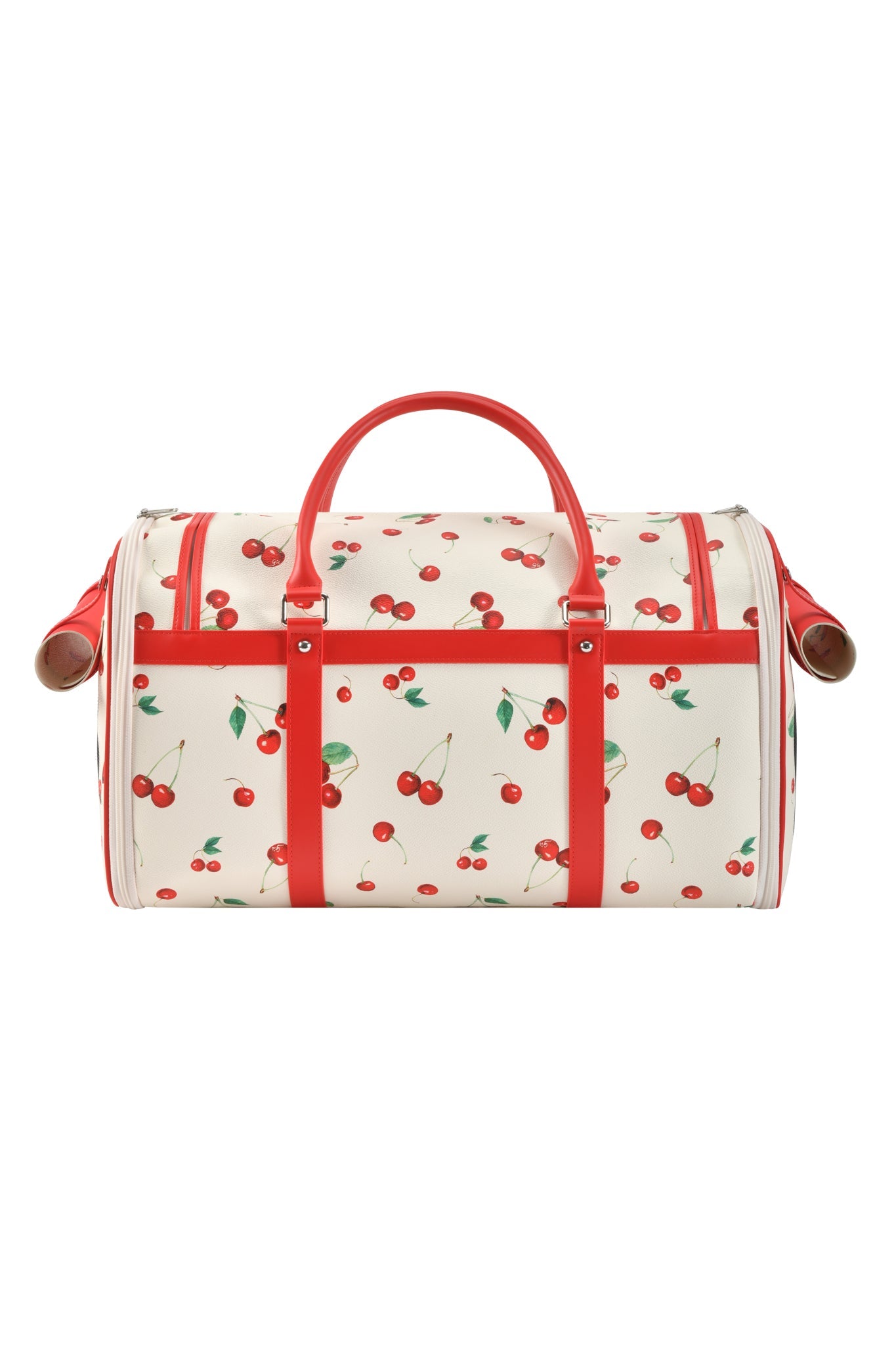 The TRIXX PET CARRIER - CHERRY ON TOP by I.AM.GIA is a white duffel-style bag with red handles and a playful cherry print—perfect as a stylish dog bag or small pet carrier for your furry friend.