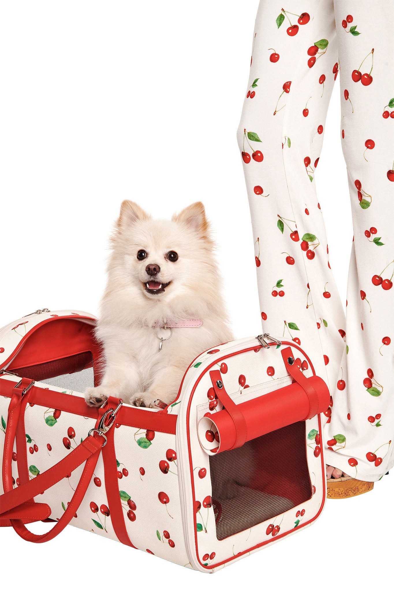 A small white dog with its tongue out sits in the I.AM.GIA TRIXX PET CARRIER - CHERRY ON TOP beside someone wearing matching cherry-print pants, their lower half visible. The pup looks happy and cozy in the stylish carrier.