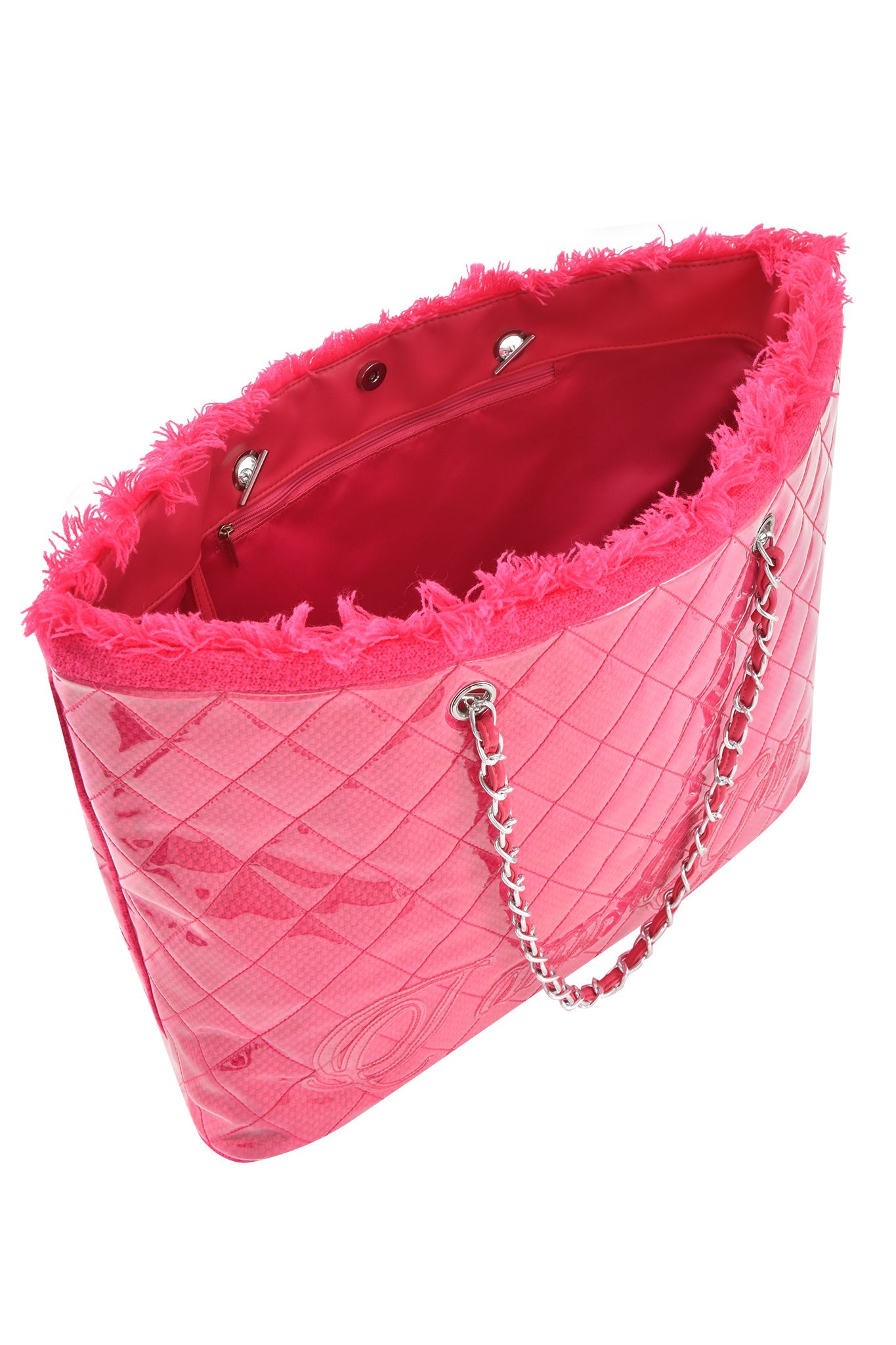 The DANNI TOTE BAG - HOT PINK by I.AM.GIA is a chic pink quilted PVC handbag with a shiny patent finish, silver chain handles, fringed trim on top, and an all-pink interior.