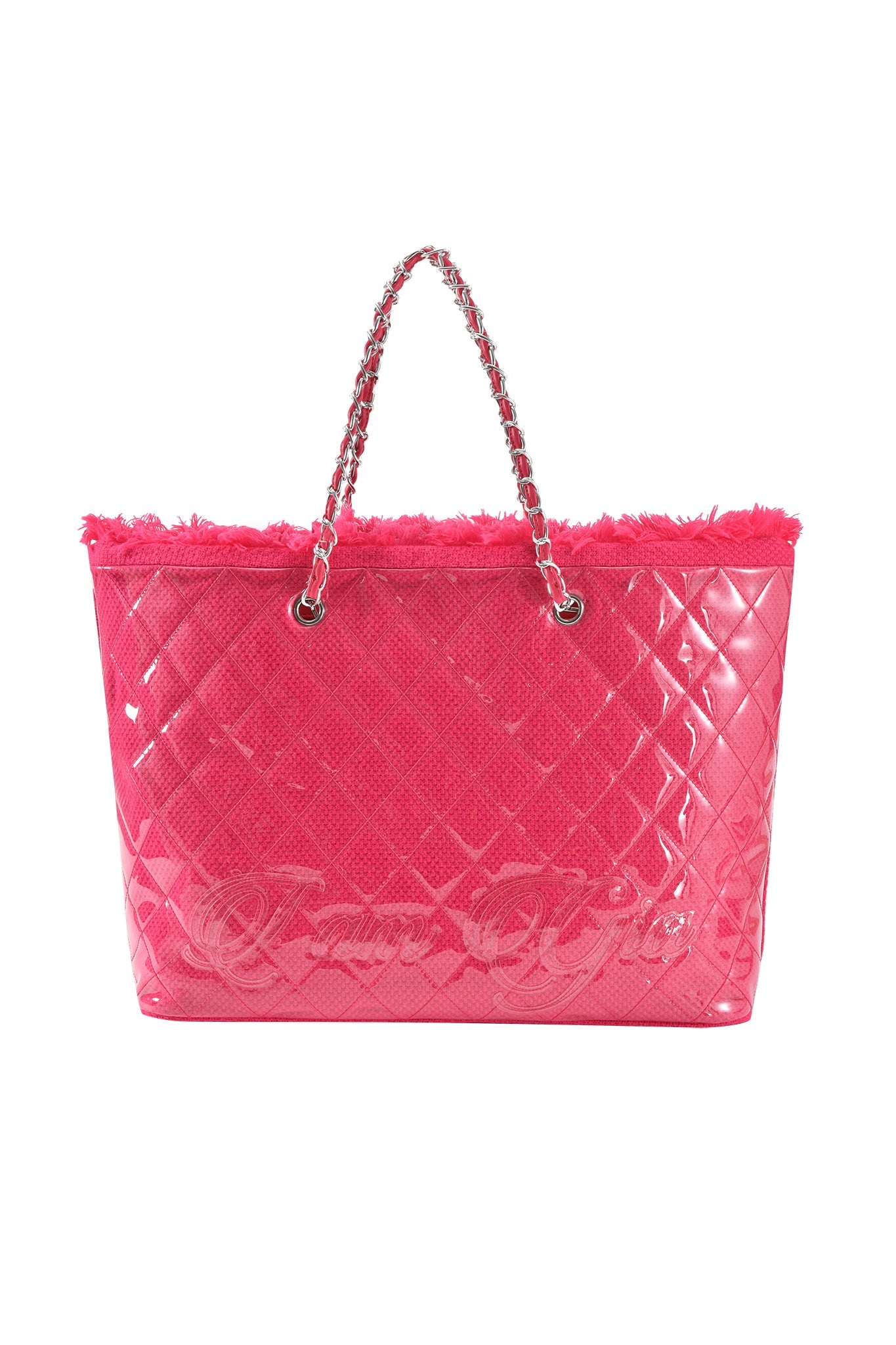 The DANNI TOTE BAG - HOT PINK by I.AM.GIA features a quilted PVC shell, chain and leather handles, fluffy trim along the top edge, and a shiny finish in vibrant pink.