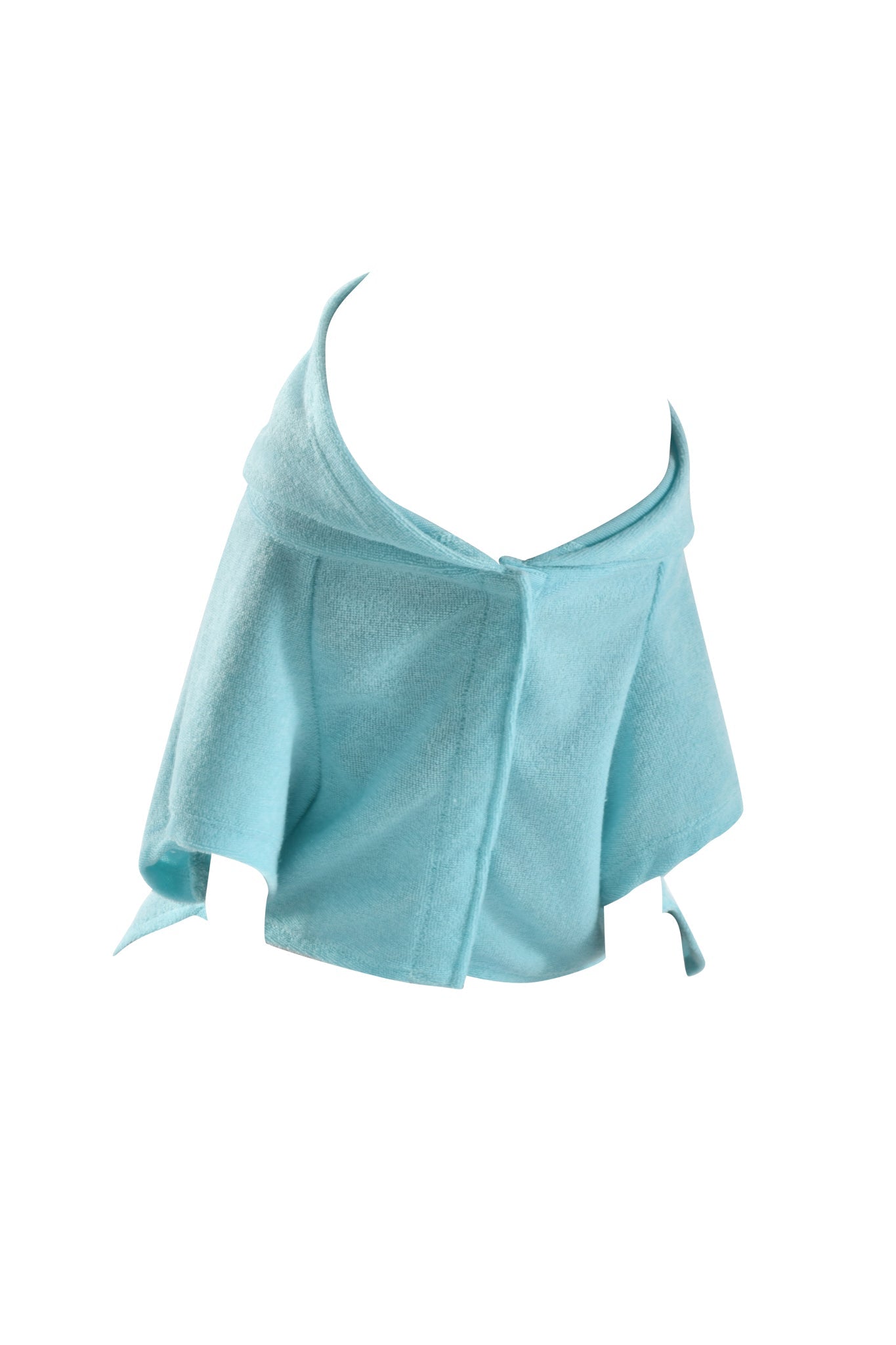 The HONEY DOG HOODIE - BABY BLUE by I.AM.GIA is a light blue, short-sleeve hoodie for dogs, crafted from soft, towel-like fabric. It features an open collar, front button closure, wide sleeves, and side ties for a relaxed fit.