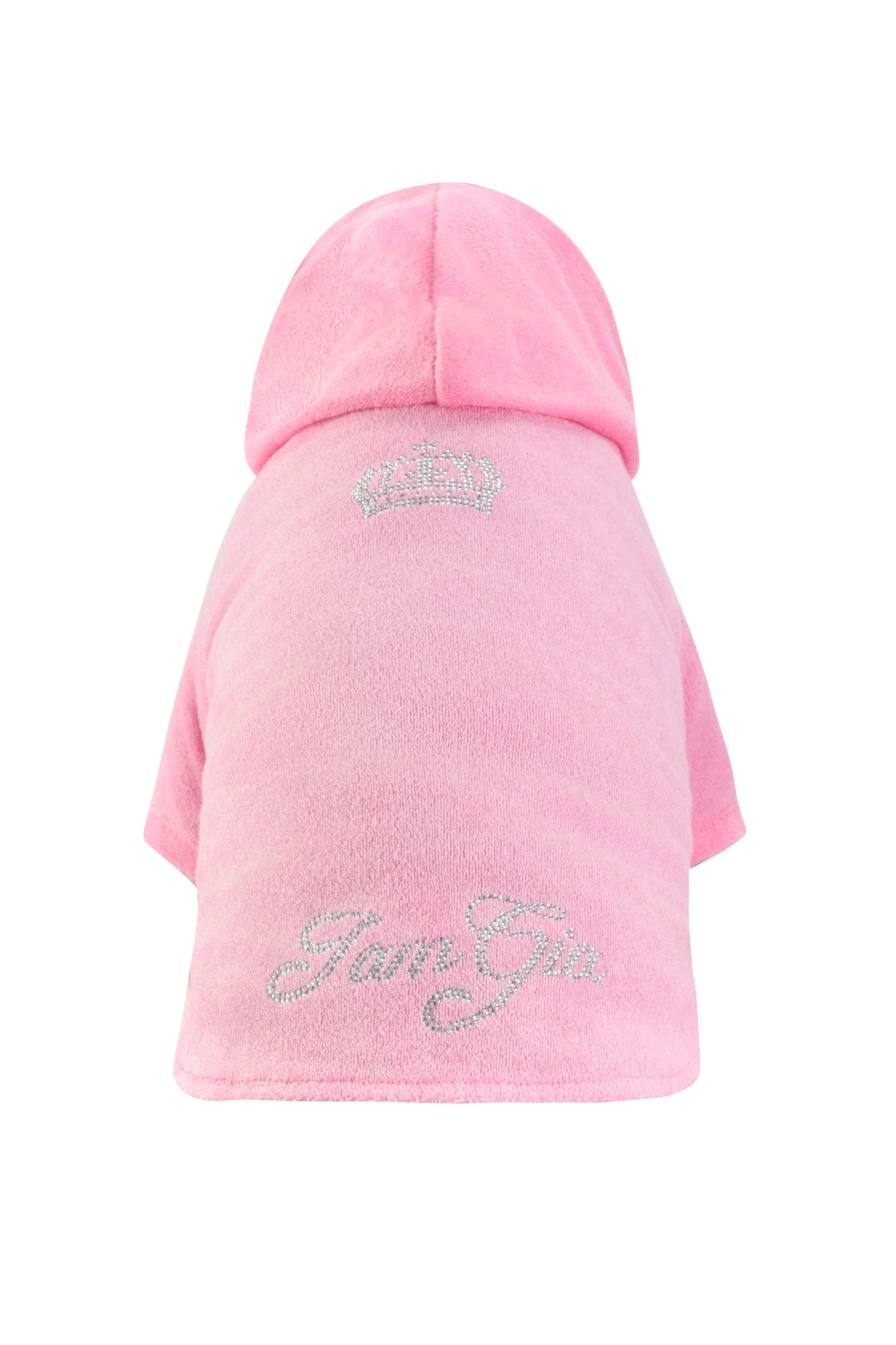 Dress your pup in the HONEY DOG HOODIE - PINK by I.AM.GIA, a baby pink hooded dog onesie with a jeweled crown design and “I am Gia” spelled out in rhinestones—a dazzling choice for your pampered pet.