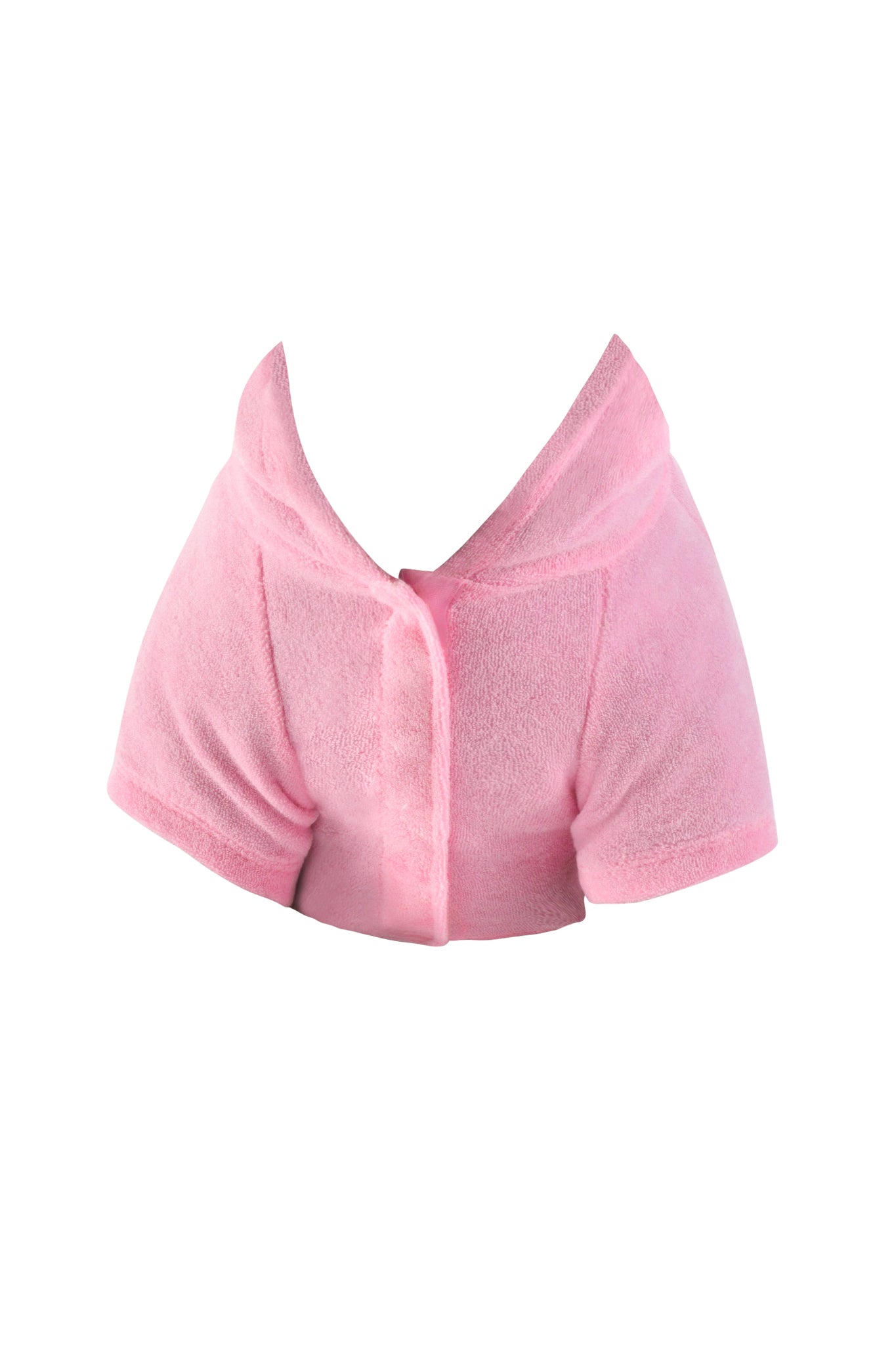 The HONEY DOG HOODIE - PINK by I.AM.GIA is a soft, baby pink terry cloth dog onesie with short sleeves, a towel wrap style, front closure, and collar neckline, shown against a white background.