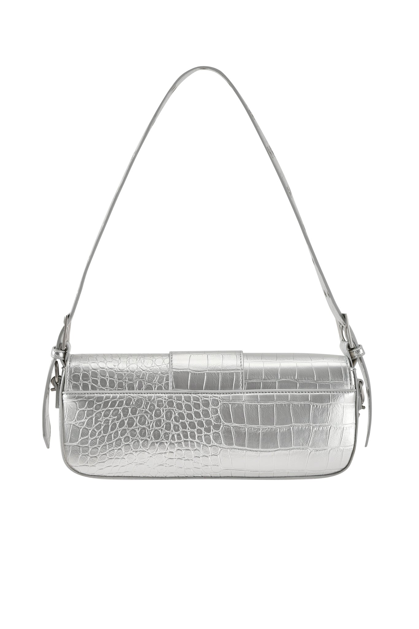 The MILA METALLIC BAG - SILVER METALLIC by I.AM.GIA features a faux crocodile texture, single strap, side buckles, and a sleek metallic finish—ideal for elevating any outfit.