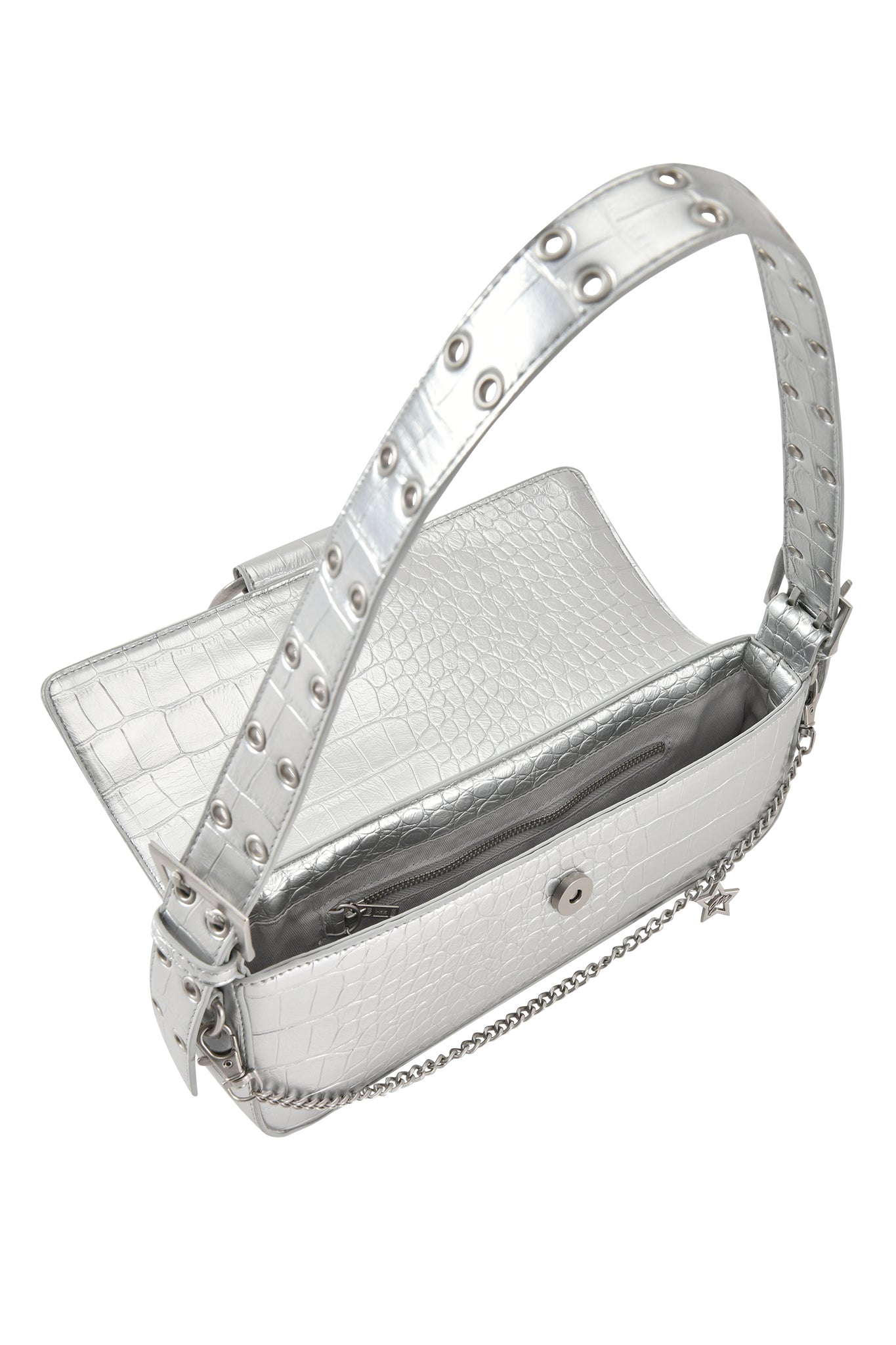 The MILA METALLIC BAG by I.AM.GIA is a silver mini shoulder purse featuring a faux crocodile texture, open flap, wide studded handle, chain detail, inner zip pocket, and subtle GIA branding.