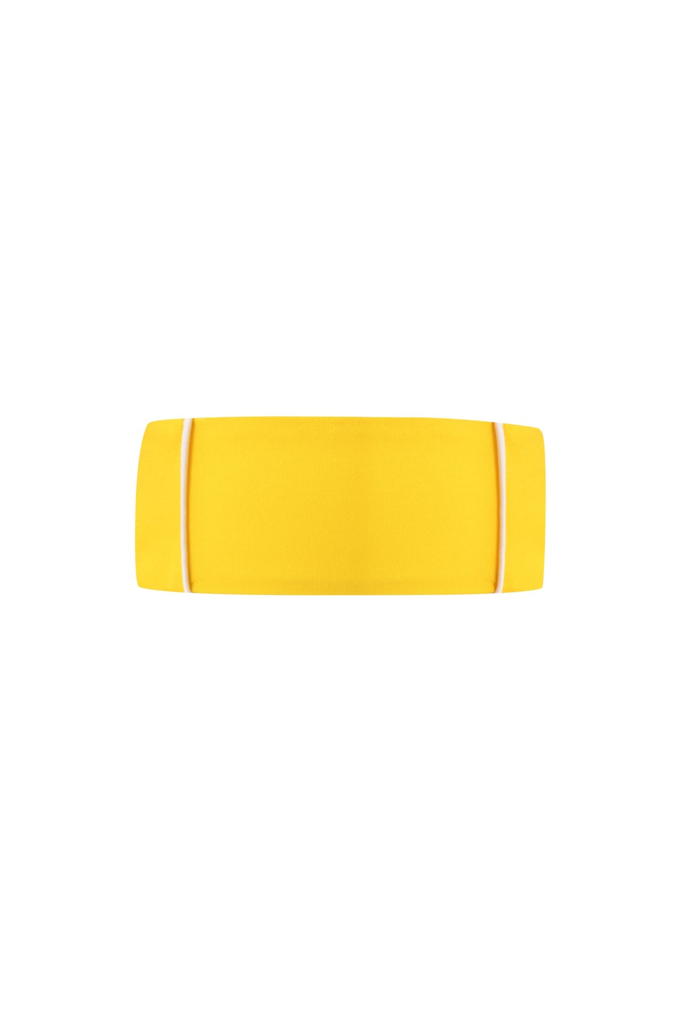 The I.AM.GIA BLARE SPORT HEADBAND - YELLOW is a bright yellow rectangular fabric headband featuring two thin white stripes near each end, displayed on a plain white background.