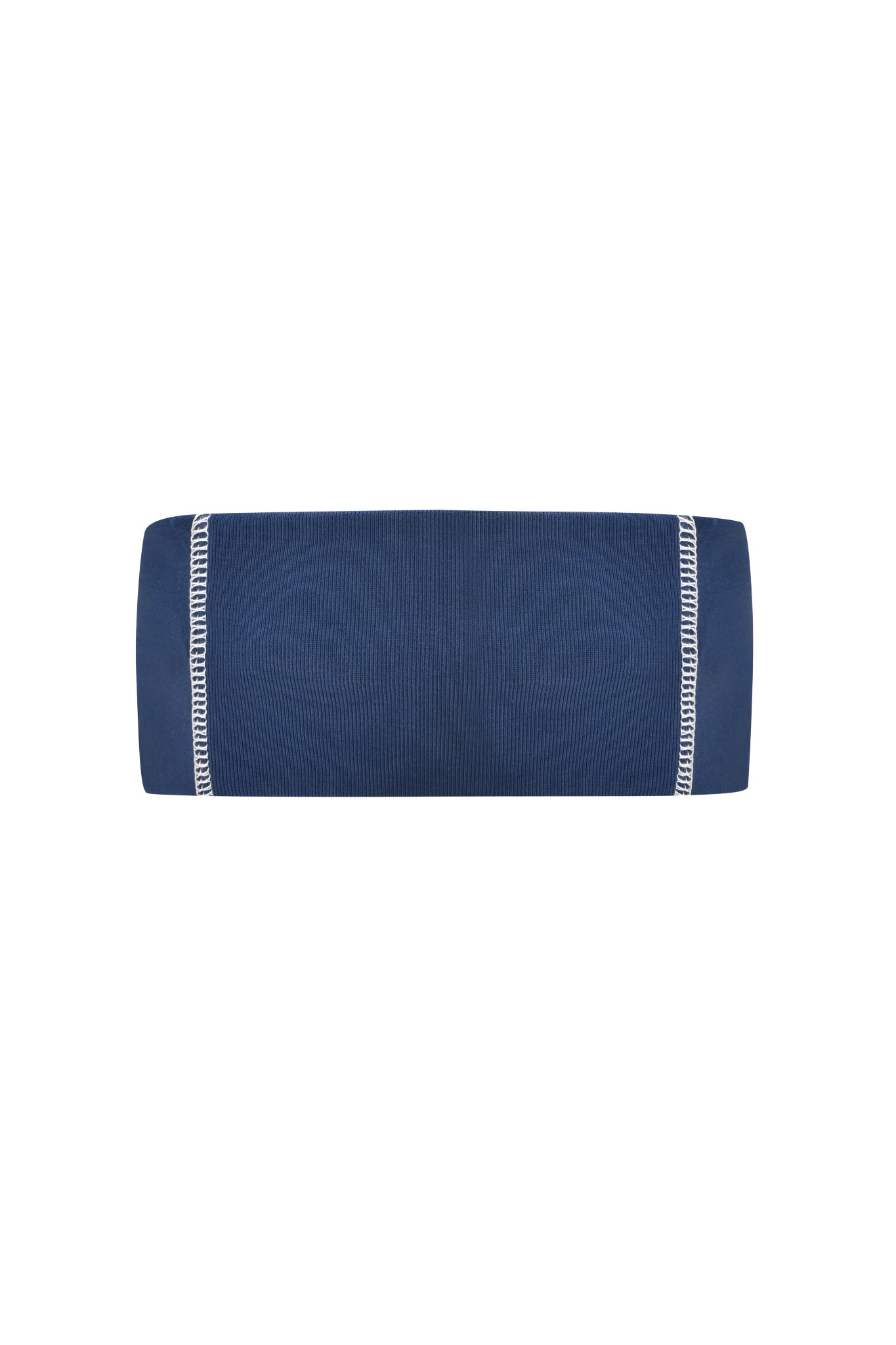 The NOVIA SPORT HEADBAND by I.AM.GIA is a navy headband made from stretch cotton jersey with white stitched seams, shown against a plain white background.
