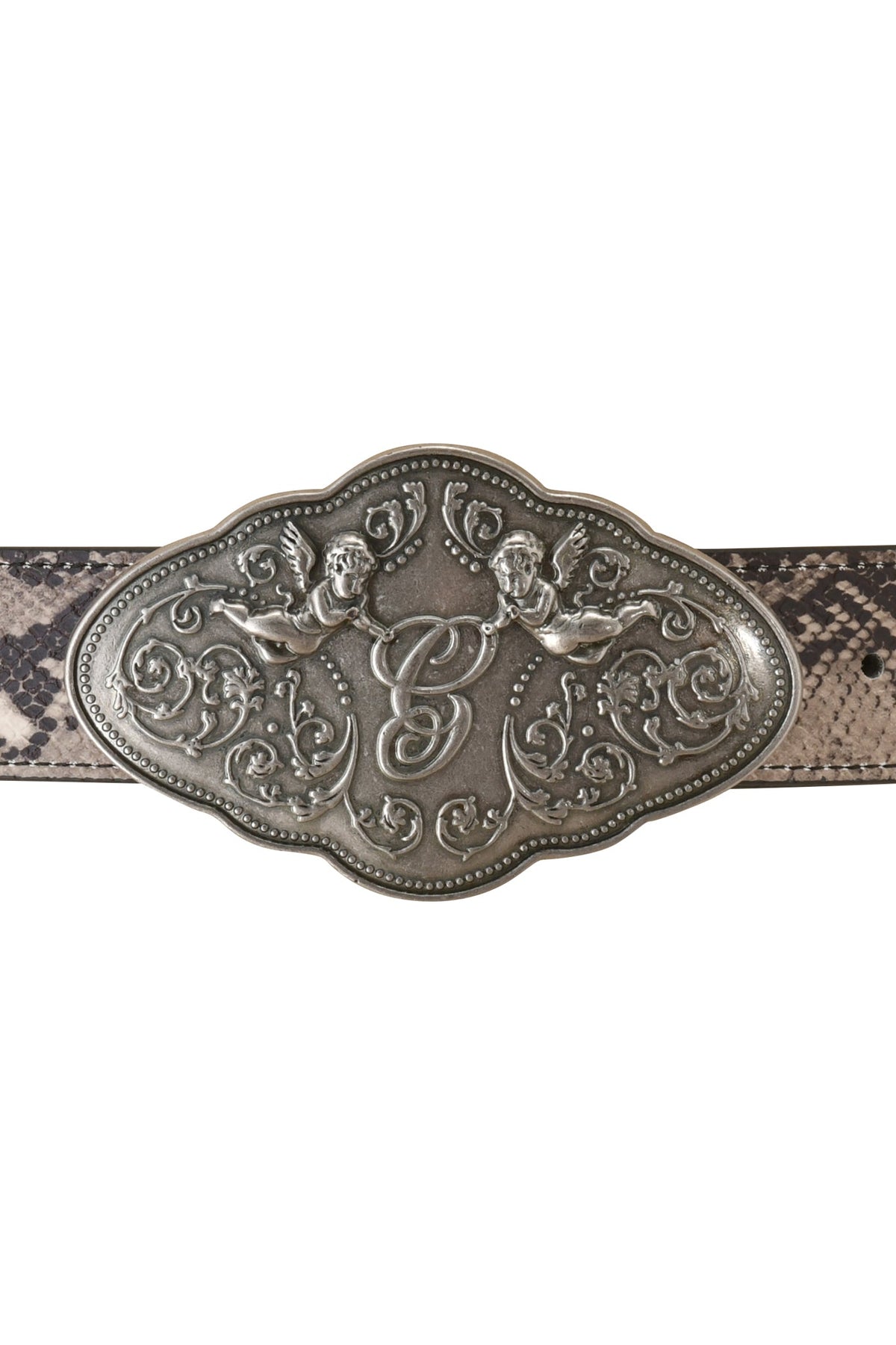 The MEDUSA BELT - TAN SNAKE by I.AM.GIA features a decorative silver western-style buckle adorned with two cherubs, ornate scrollwork, and a large engraved letter “B,” paired with a faux leather python print belt for a vintage look.