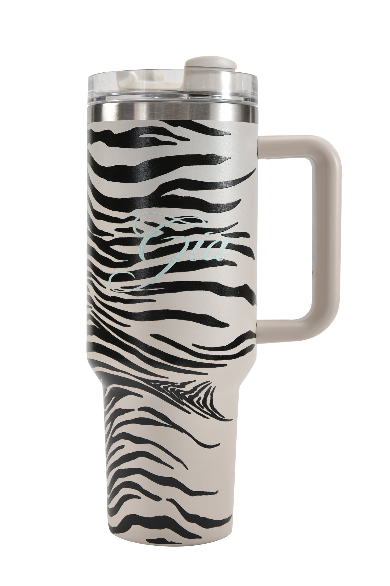 A tall 40oz BLARE CUP - FINE LINE ZEBRA insulated stainless steel travel mug by I.AM.GIA, featuring a beige handle, clear lid, and a striking fine line black-and-white zebra pattern with “Gia” elegantly scripted across the front.