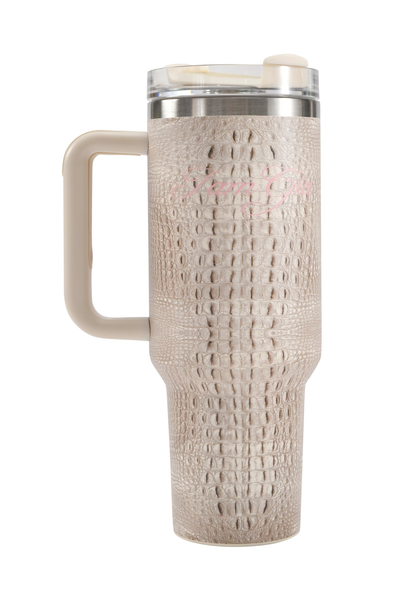 Introducing the BLARE CUP - HOT CROC by I.AM.GIA: a tall 40oz insulated stainless steel travel mug with a beige handle and a chic faux crocodile skin texture, complete with a clear plastic lid featuring a sliding closure for spill-free sipping wherever you go.