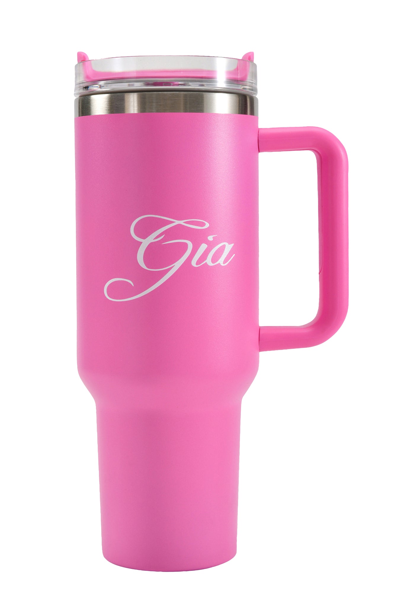 A tall, hot pink I.AM.GIA BLARE CUP travel mug featuring a handle, clear lid, and “Gia” elegantly scripted in white on the front. This insulated stainless steel tumbler keeps your beverages at the perfect temperature while adding a chic touch to your daily routine.