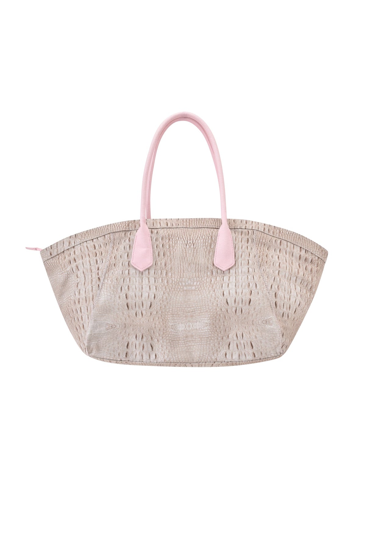 The BLARE TOTE BAG - HOT CROC by I.AM.GIA is a beige textured tote with a wide base and two pale pink handles, featuring a subtle crocodile print, shown against a white background.