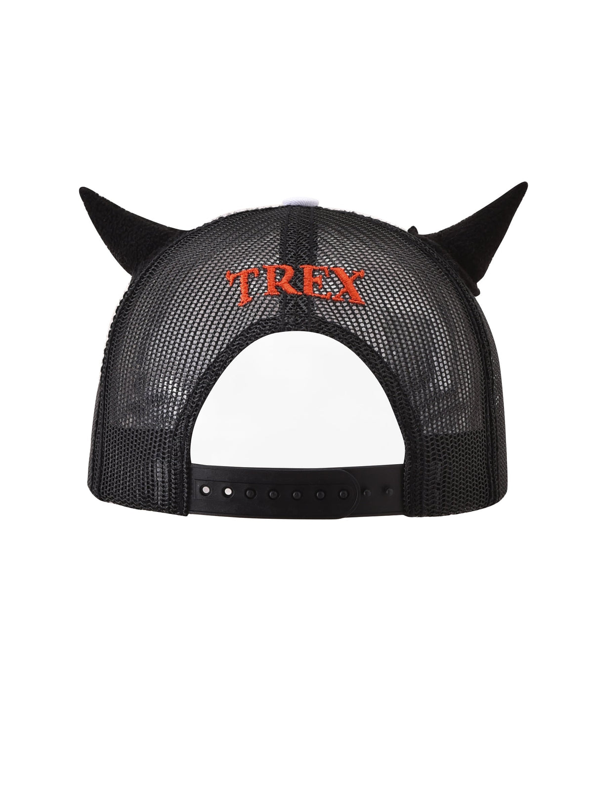 The I.AM.GIA T-REX DEVIL HAT - BLACK is a distressed black trucker hat featuring two pointed devil horns and “TREX” embroidered in red above the adjustable back strap.