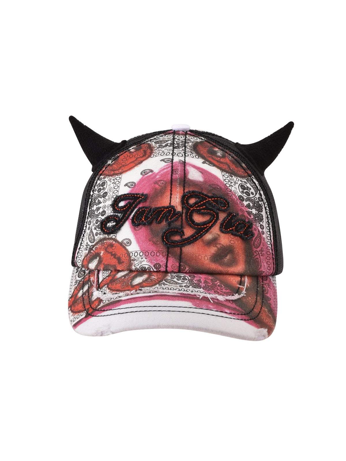 The T-REX DEVIL HAT - BLACK by I.AM.GIA features devil horns, bandana print, red rose details, and bold “I Am Gia” embroidery—a striking addition to any hat collection.