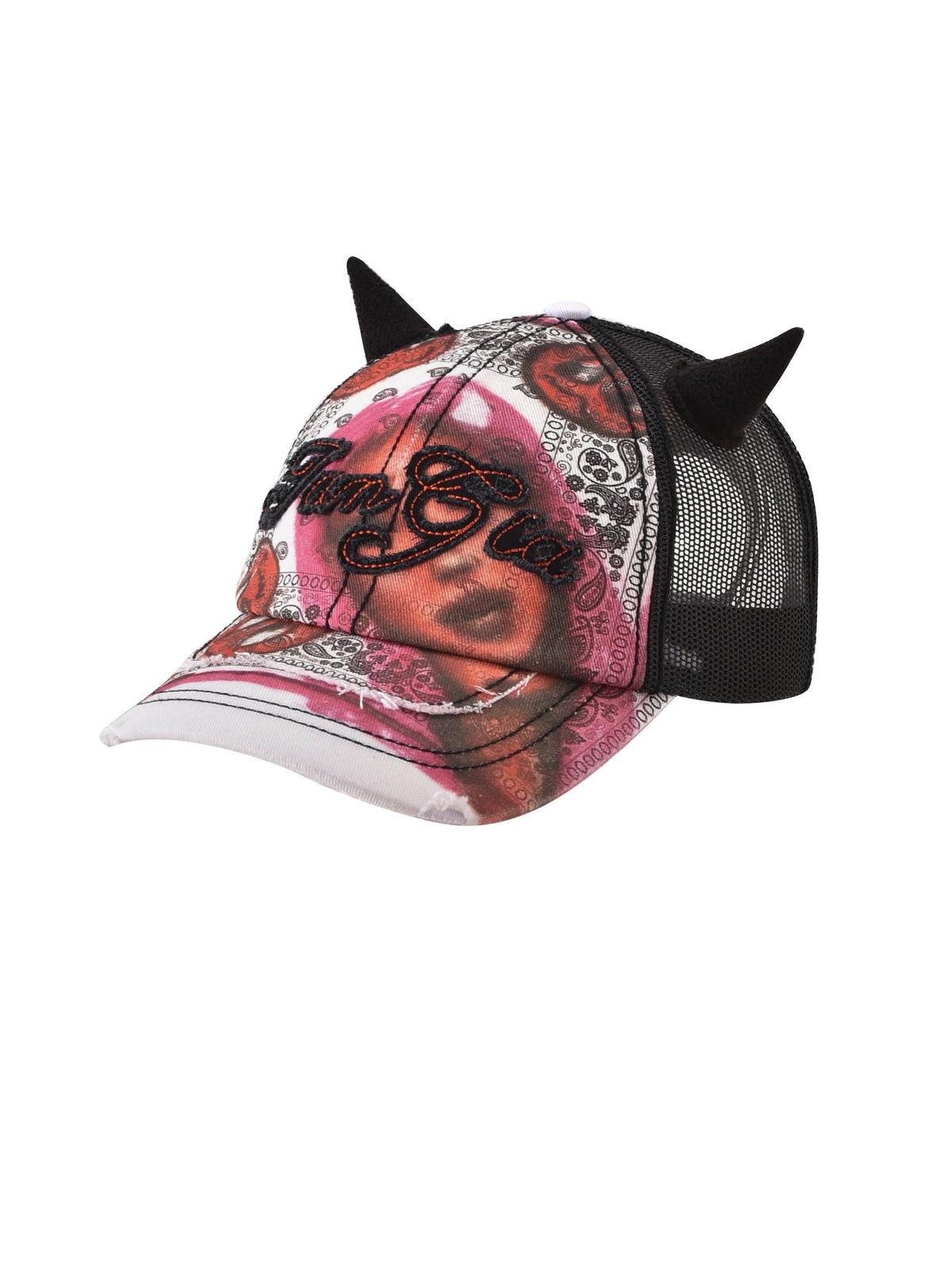 The T-REX DEVIL HAT - BLACK by I.AM.GIA features black mesh, fabric devil horns, a printed teddy bear pattern, and embroidered script text on the front.