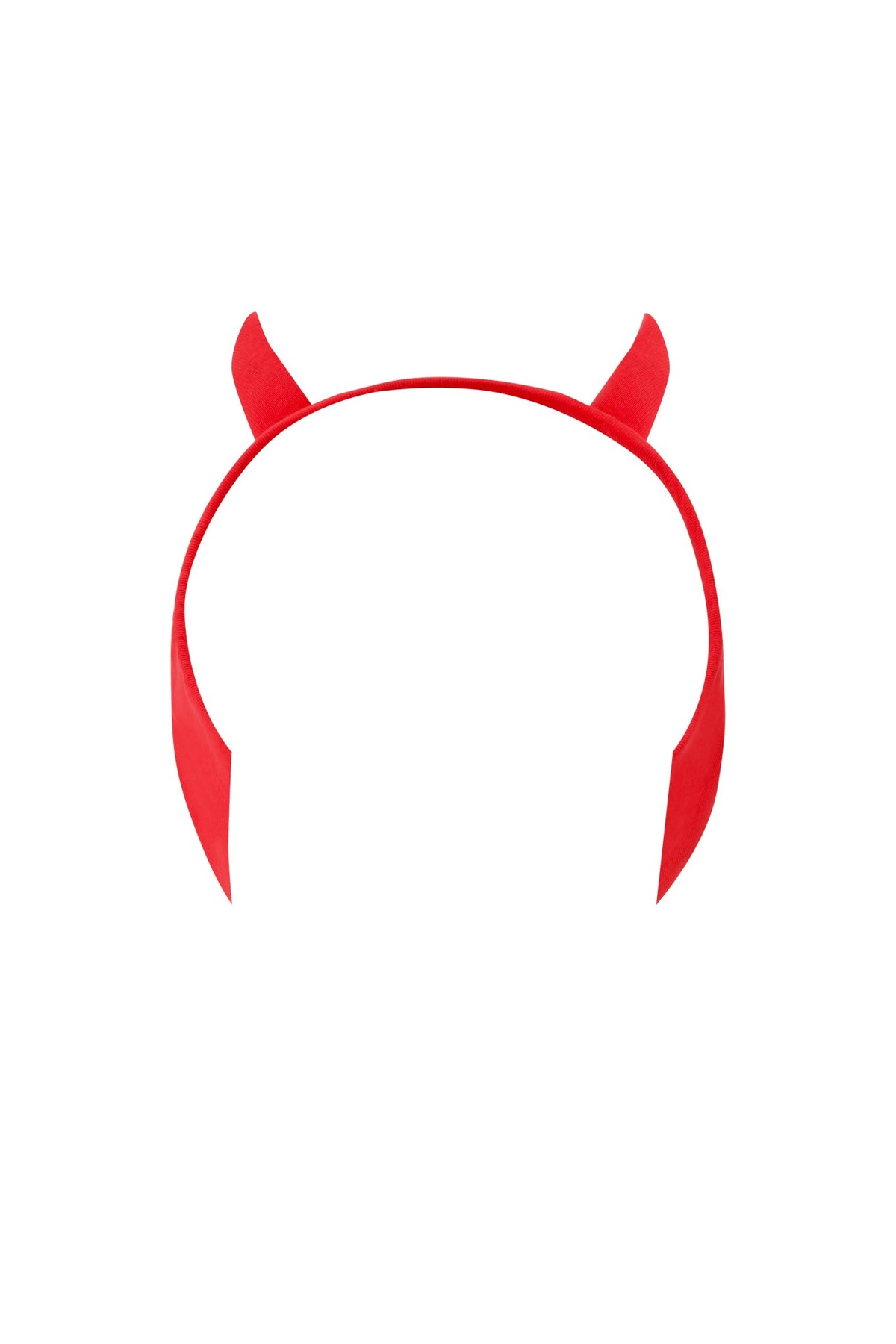 T-REX HORN HEADBAND - RED by I.AM.GIA features two pointed horns and an adjustable snap closure, making it a bold festival accessory. Shown on a white background.
