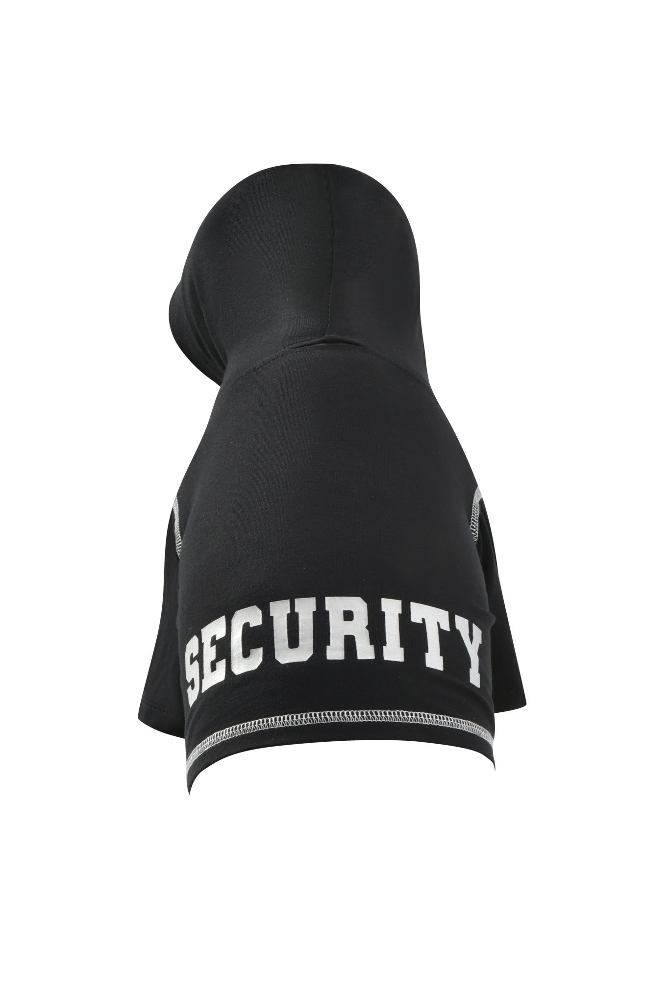 The I.AM.GIA BLARE DOG HOODIE - JET BLACK : SECURITY is a soft viscose jersey hoodie for small animals, featuring a hood and a bold, reflective “SECURITY” graphic on the back.