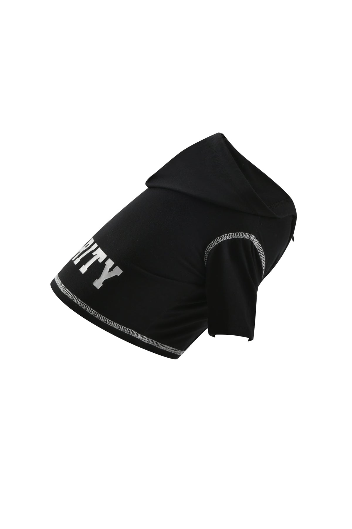 The BLARE DOG HOODIE - JET BLACK : SECURITY by I.AM.GIA is a small dog hoodie crafted from soft viscose jersey, featuring white stitching and “SECURITY” in bold white letters with a reflective security graphic on the back.
