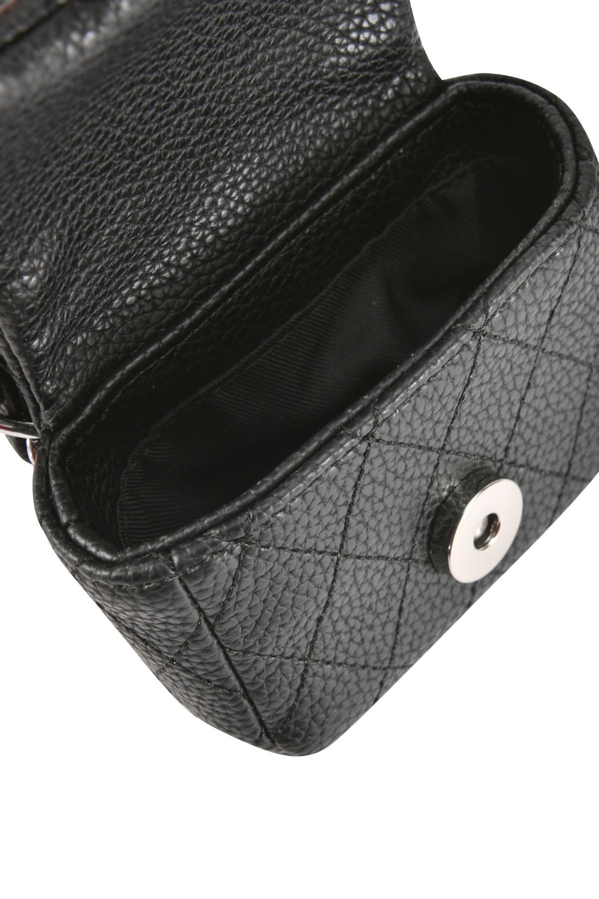 I.AM.GIA CARRIE ANKLET PURSE - BLACK, a small black quilted faux leather purse with a magnetic snap closure and silver chain, shown in an open position.
