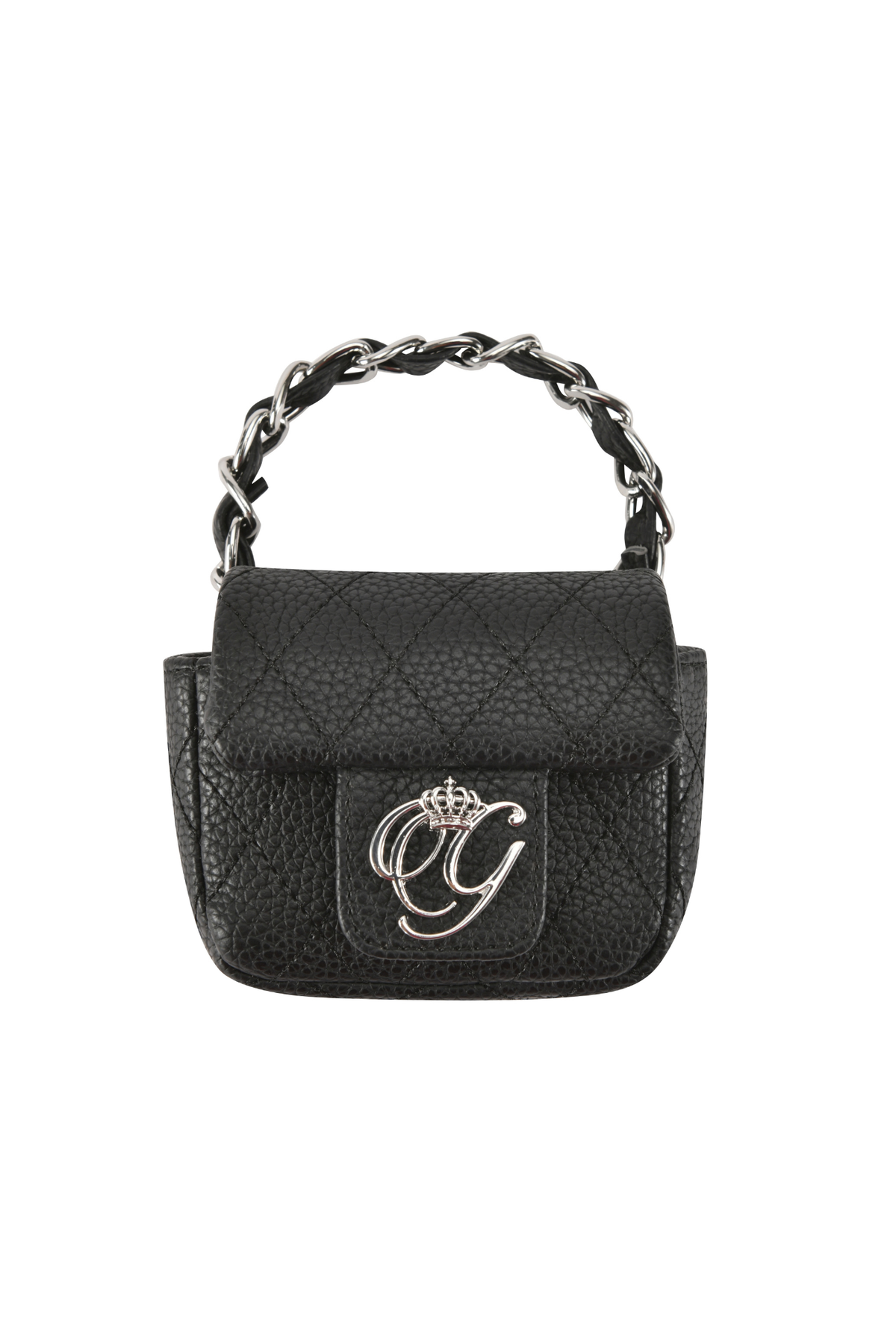 Black quilted faux leather I.AM.GIA CARRIE ANKLET PURSE mini handbag with a silver chain handle and a metallic logo emblem featuring a crown on the front flap.