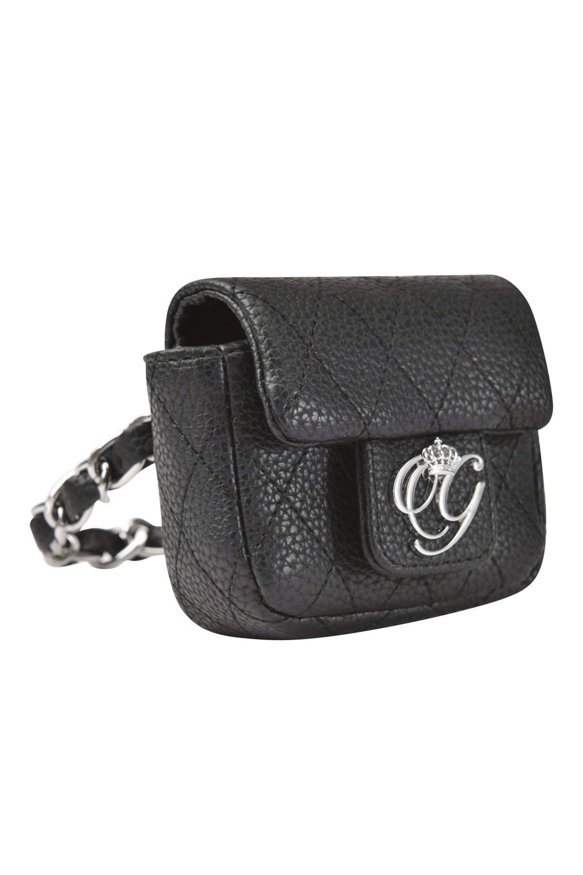 Small black faux leather quilted I.AM.GIA CARRIE ANKLET PURSE with a silver logo emblem and a silver chain strap.