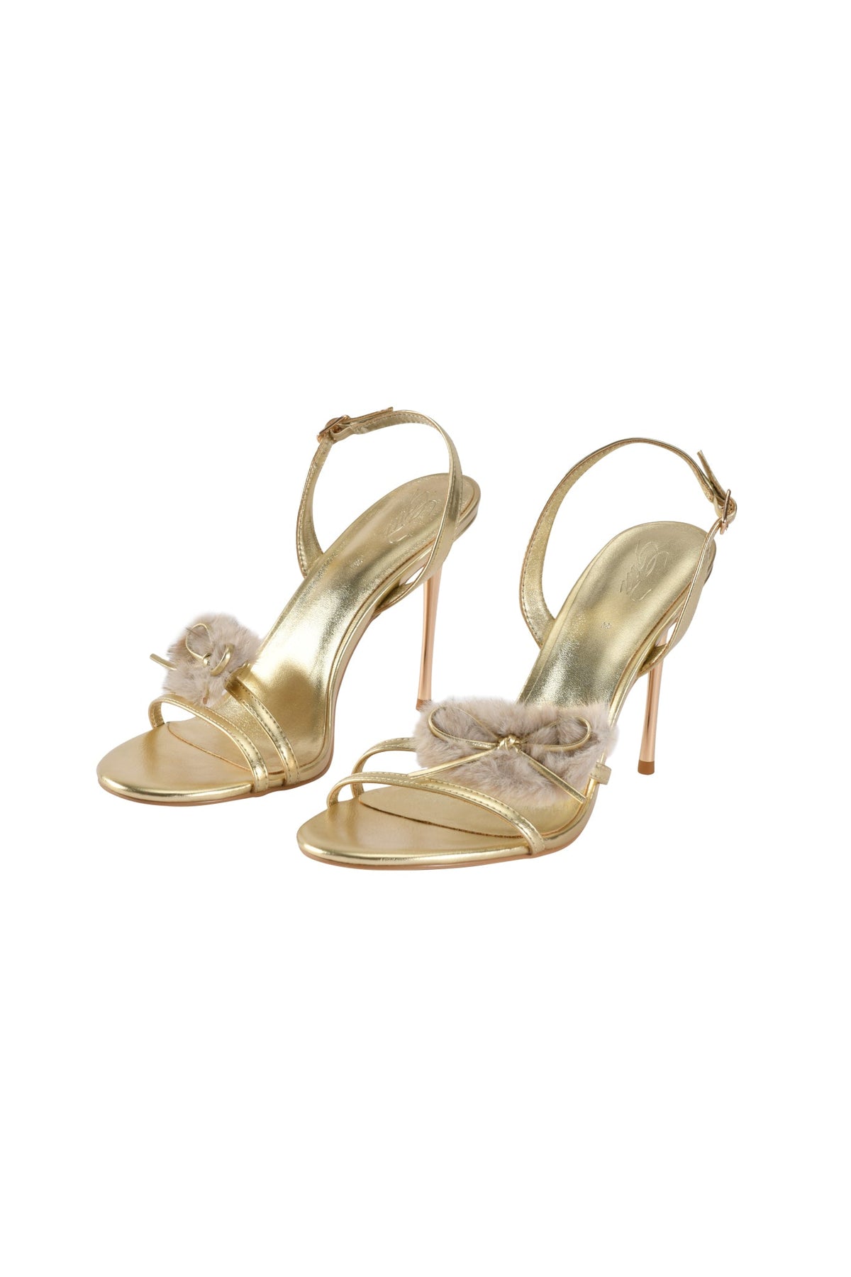 AURA SLINGBACK FAUX FUR HEEL - GOLD metallic slingback heels featuring a thin stiletto heel and a faux fur toe strap with a small pom-pom detail.
