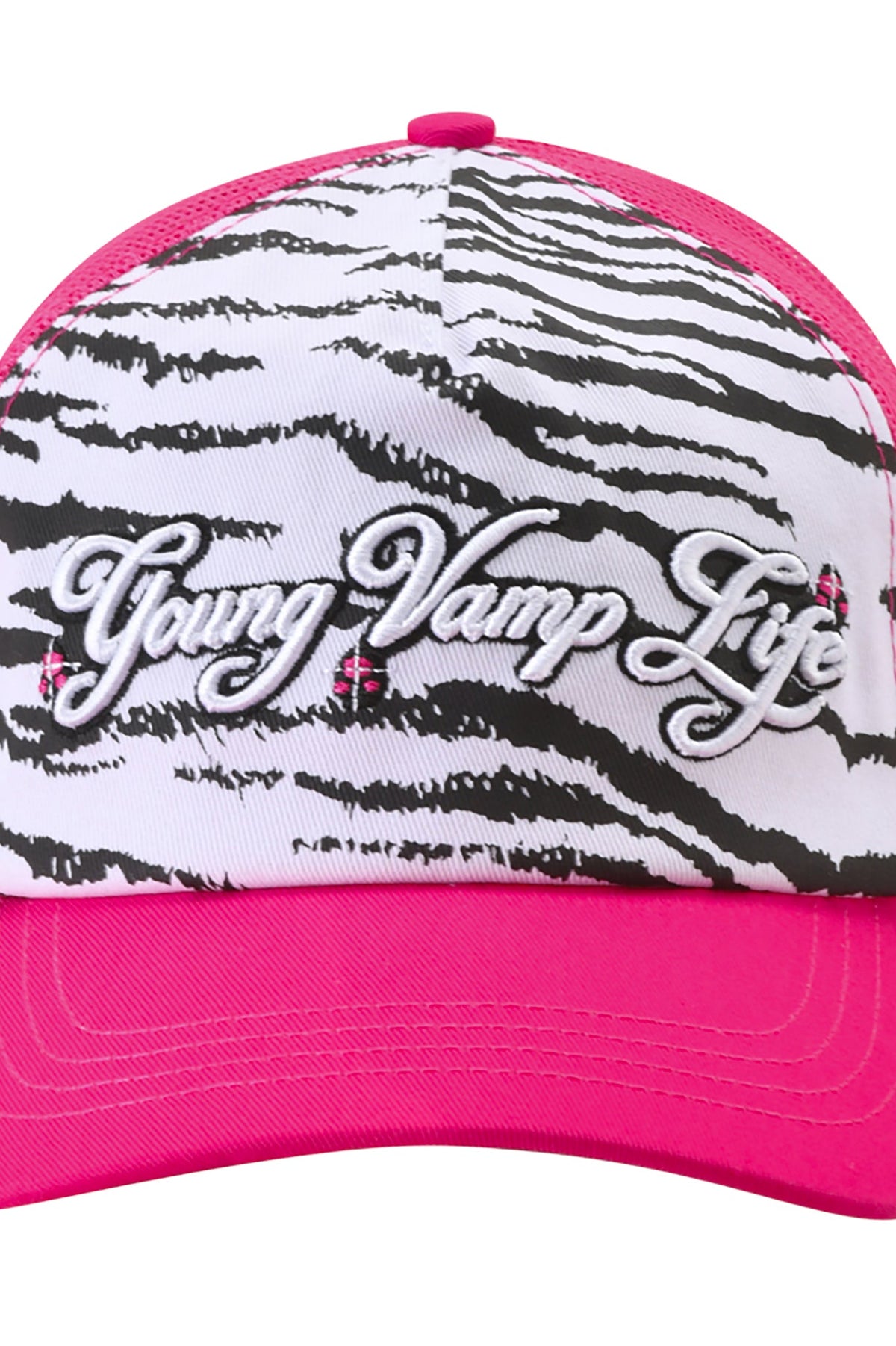Pink I.AM.GIA YVL TRUCKER HAT with a white and black zebra print front panel embroidered with the text “Young Vamp Life”.