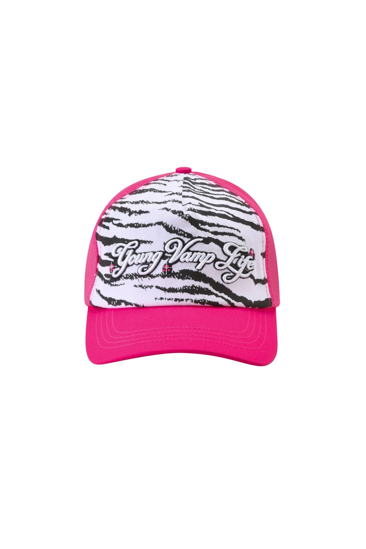 Pink and white zebra-print YVL TRUCKER HAT - PINK featuring the text embroidered on the front.